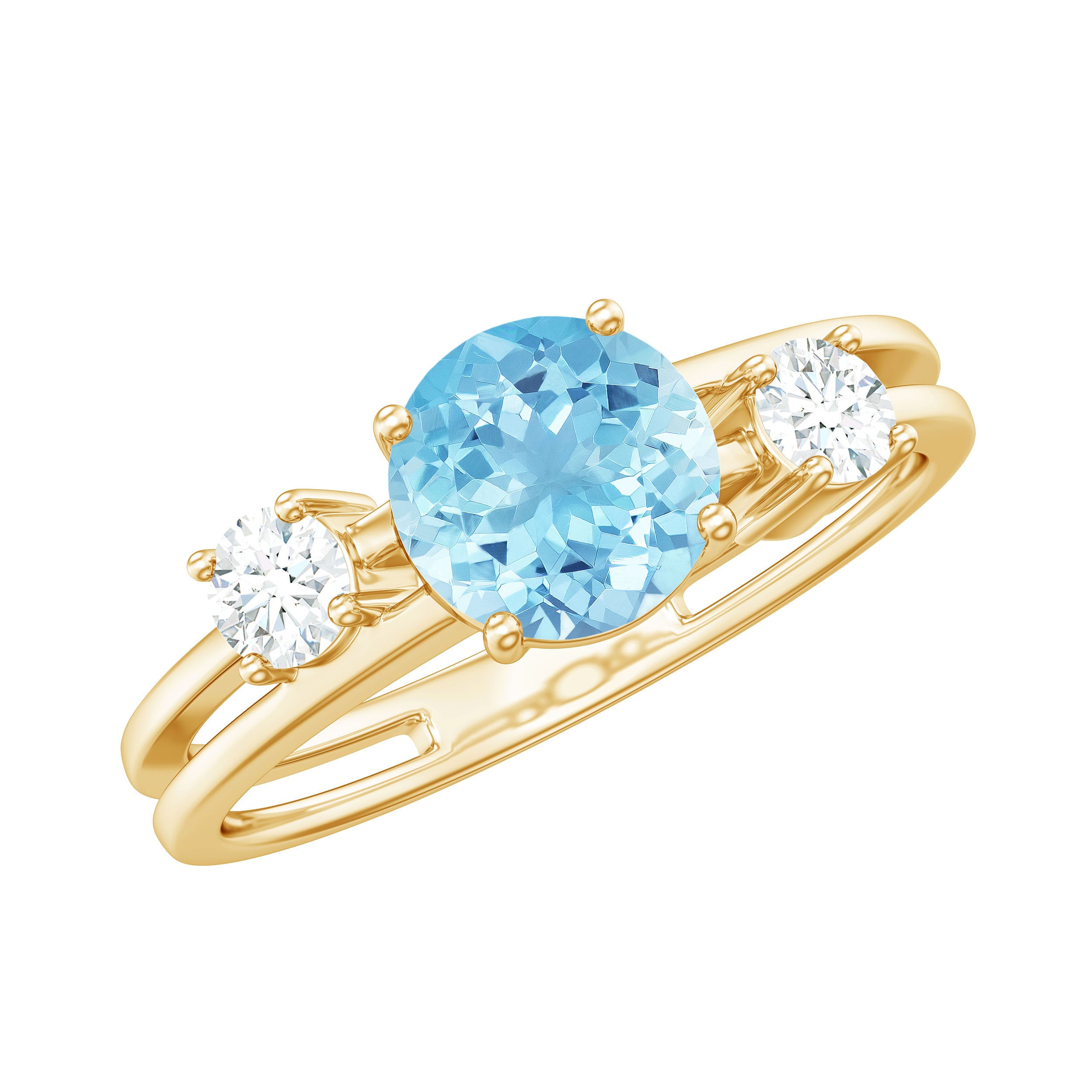 0.8 Carat Aquamarine and Diamond 3 Stone Engagement Ring with Double Band Shank AAA - Rosec Jewels