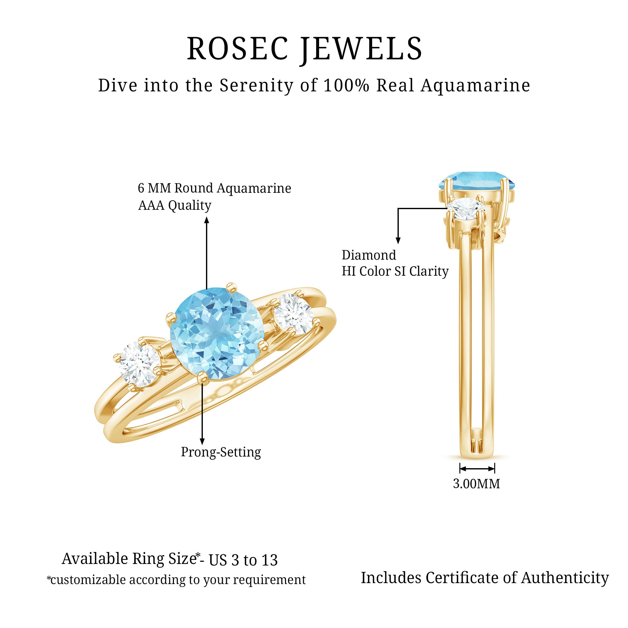0.8 Carat Aquamarine and Diamond 3 Stone Engagement Ring with Double Band Shank AAA - Rosec Jewels