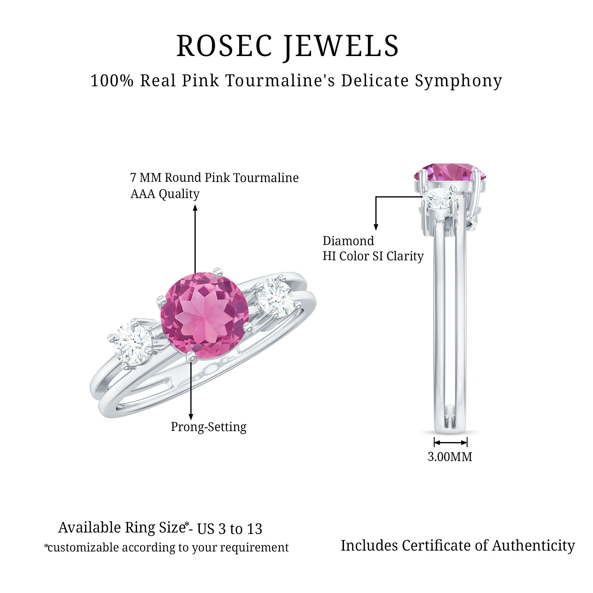 1 CT Genuine Pink Tourmaline Solitaire Double Band Ring with Diamond AAA - Rosec Jewels