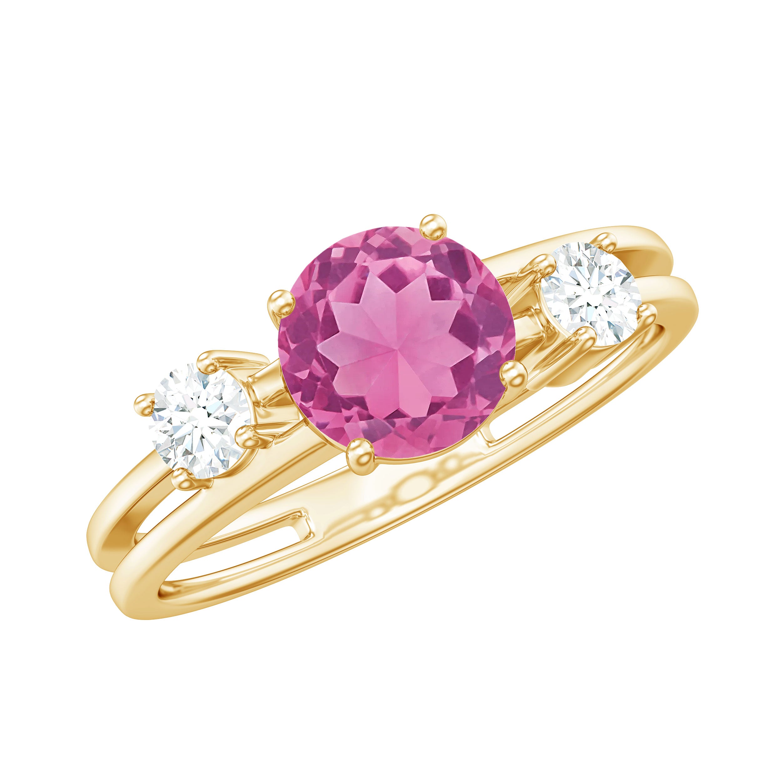 1 CT Genuine Pink Tourmaline Solitaire Double Band Ring with Diamond AAA - Rosec Jewels