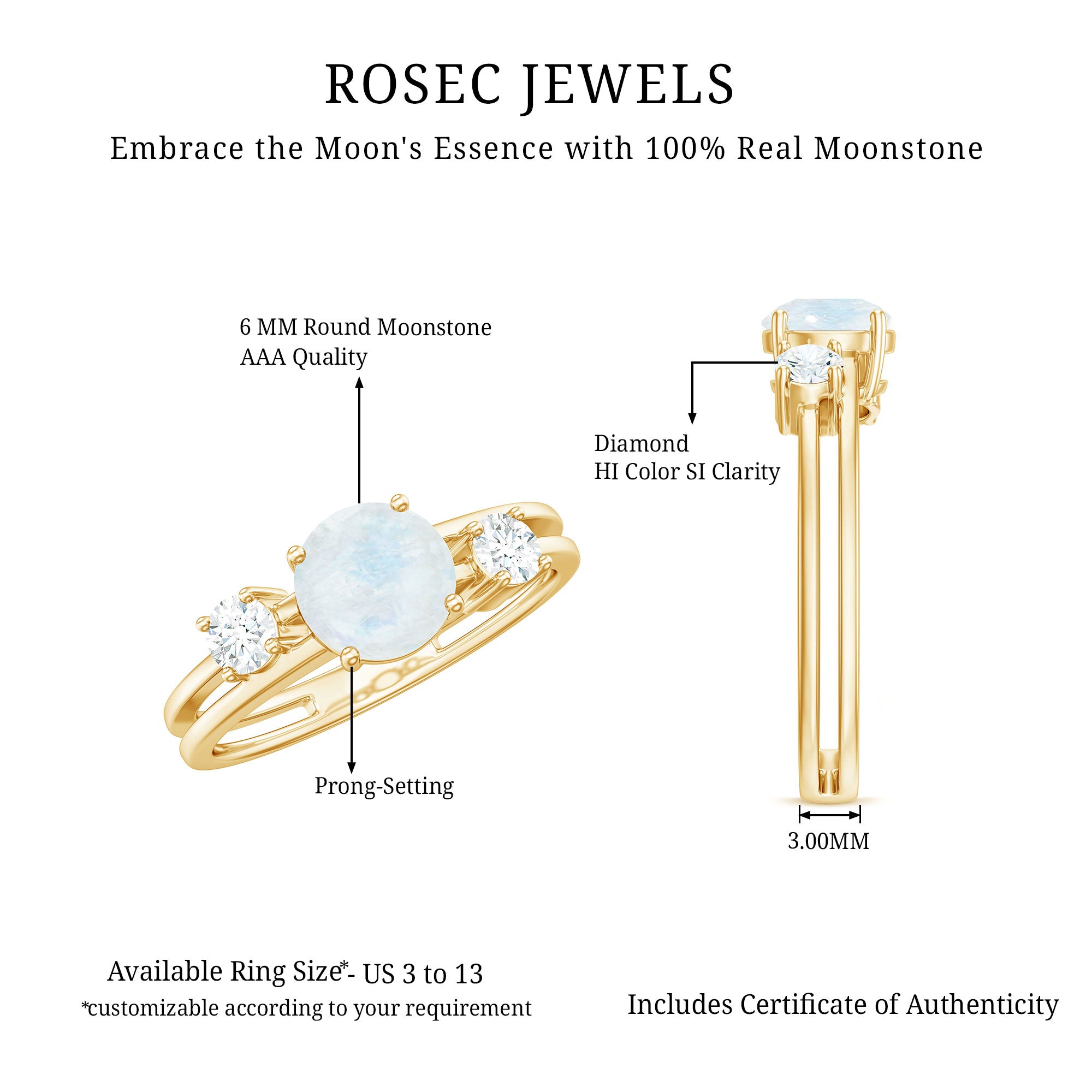 1/2 CT Moonstone Solitaire Double Band Ring with Diamond AAA - Rosec Jewels