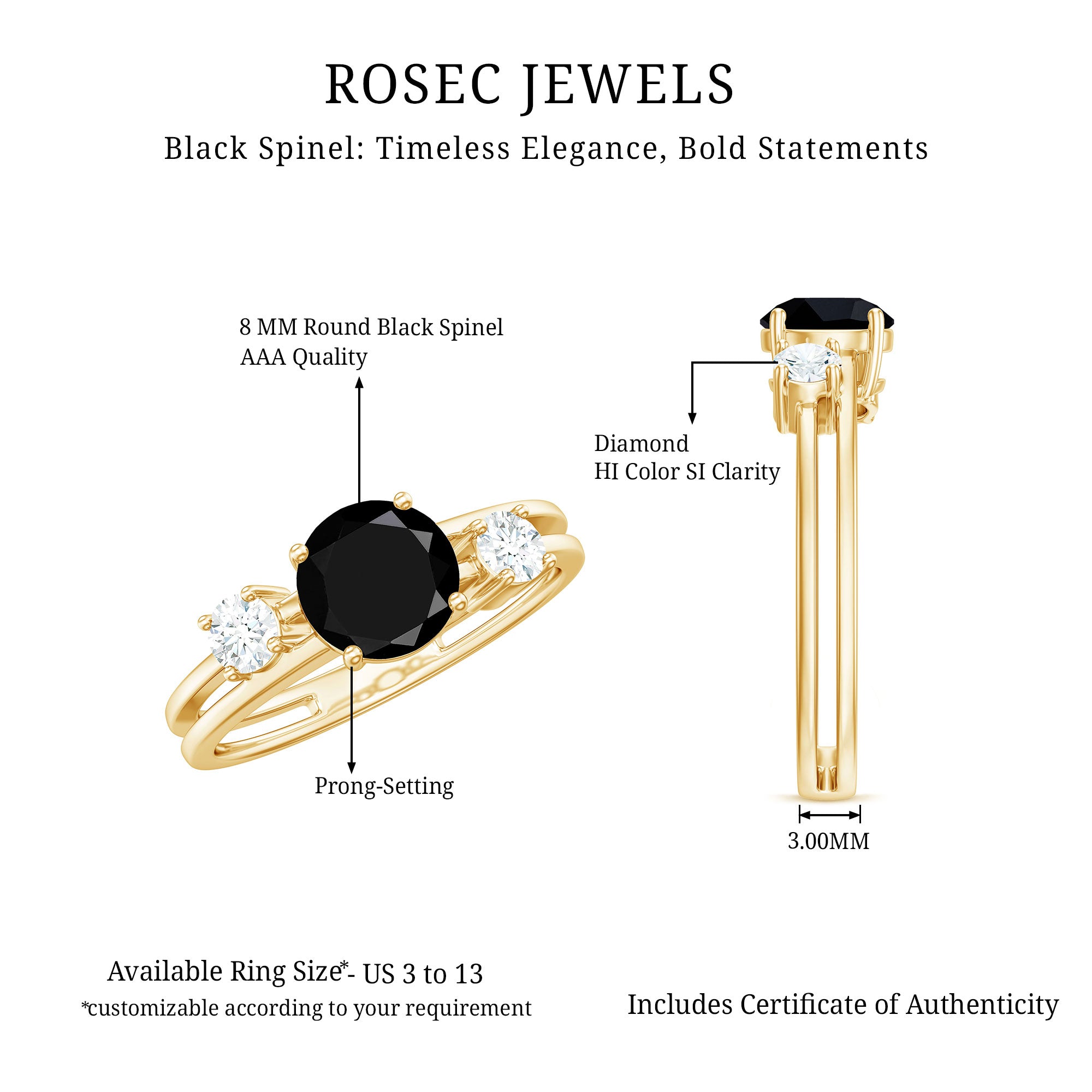 Rosec Jewels-Natural Black Spinel Diamond Double Band Engagement Ring