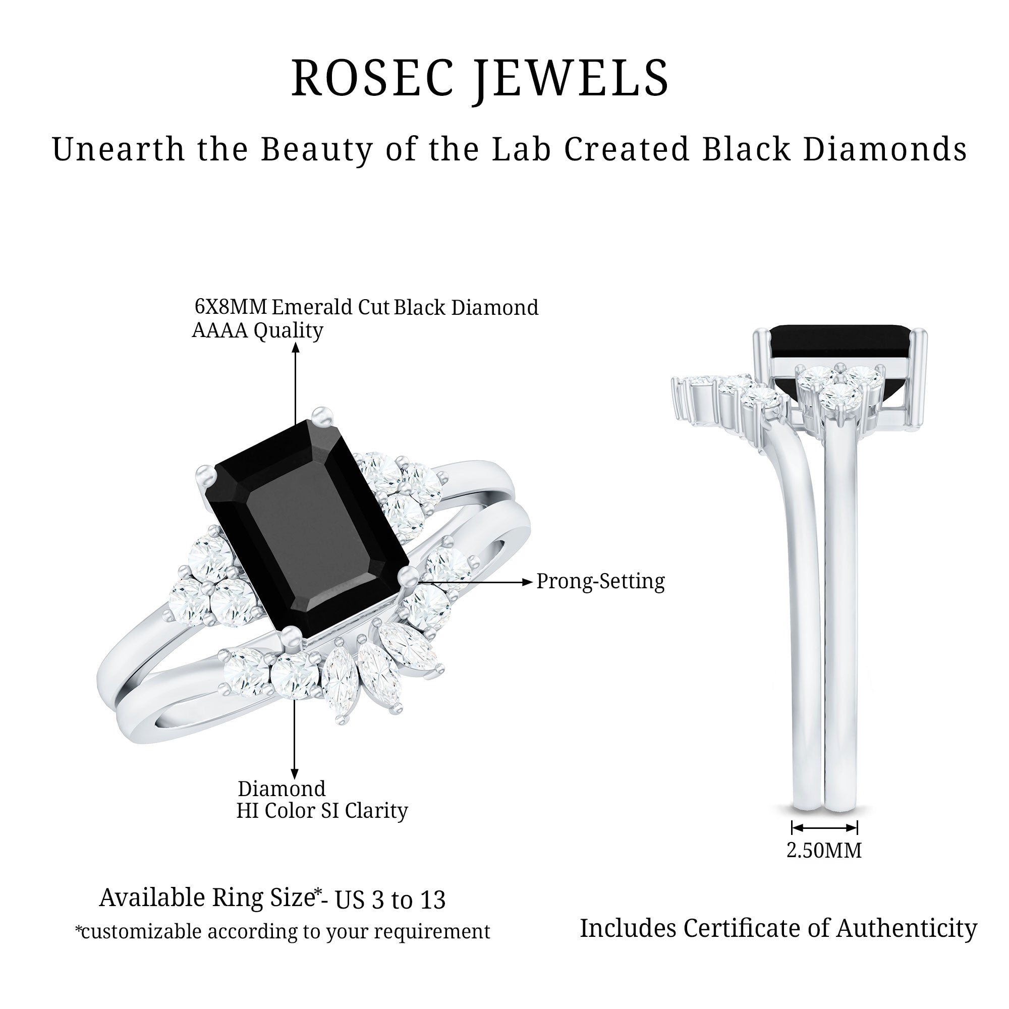 Created Black Diamond Engagement Ring Set with Diamond AAAA ( Synthetic ) - Rosec Jewels