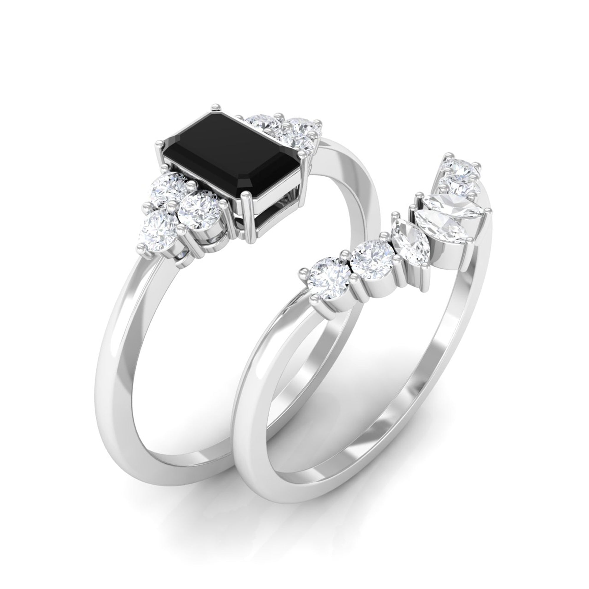Created Black Diamond Engagement Ring Set with Diamond Lab Created Black Diamond - ( AAAA ) - Quality - Rosec Jewels