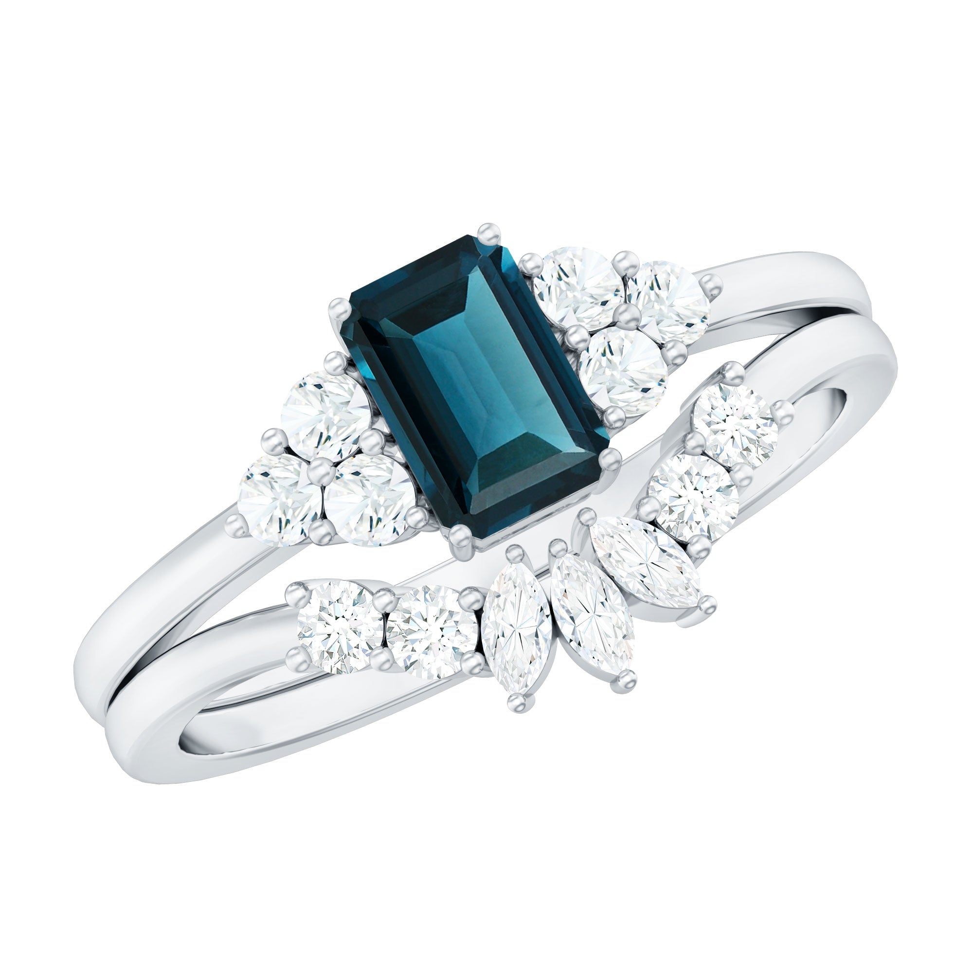4X6mm Emerald Cut London Blue Topaz Designer Bridal Ring Set with Diamond AAA - Rosec Jewels