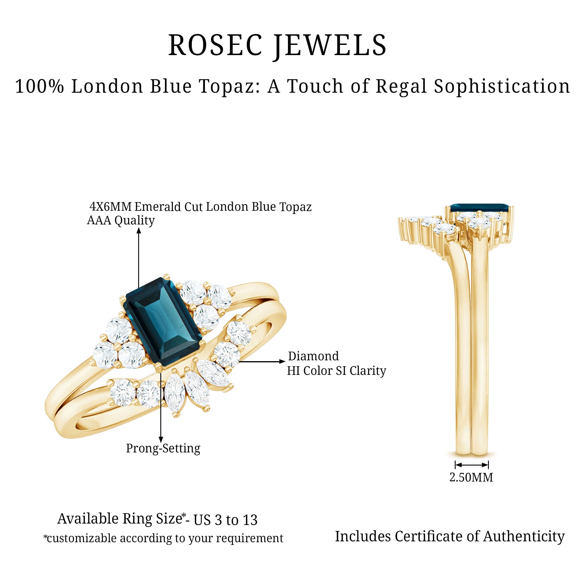 4X6mm Emerald Cut London Blue Topaz Designer Bridal Ring Set with Diamond AAA - Rosec Jewels