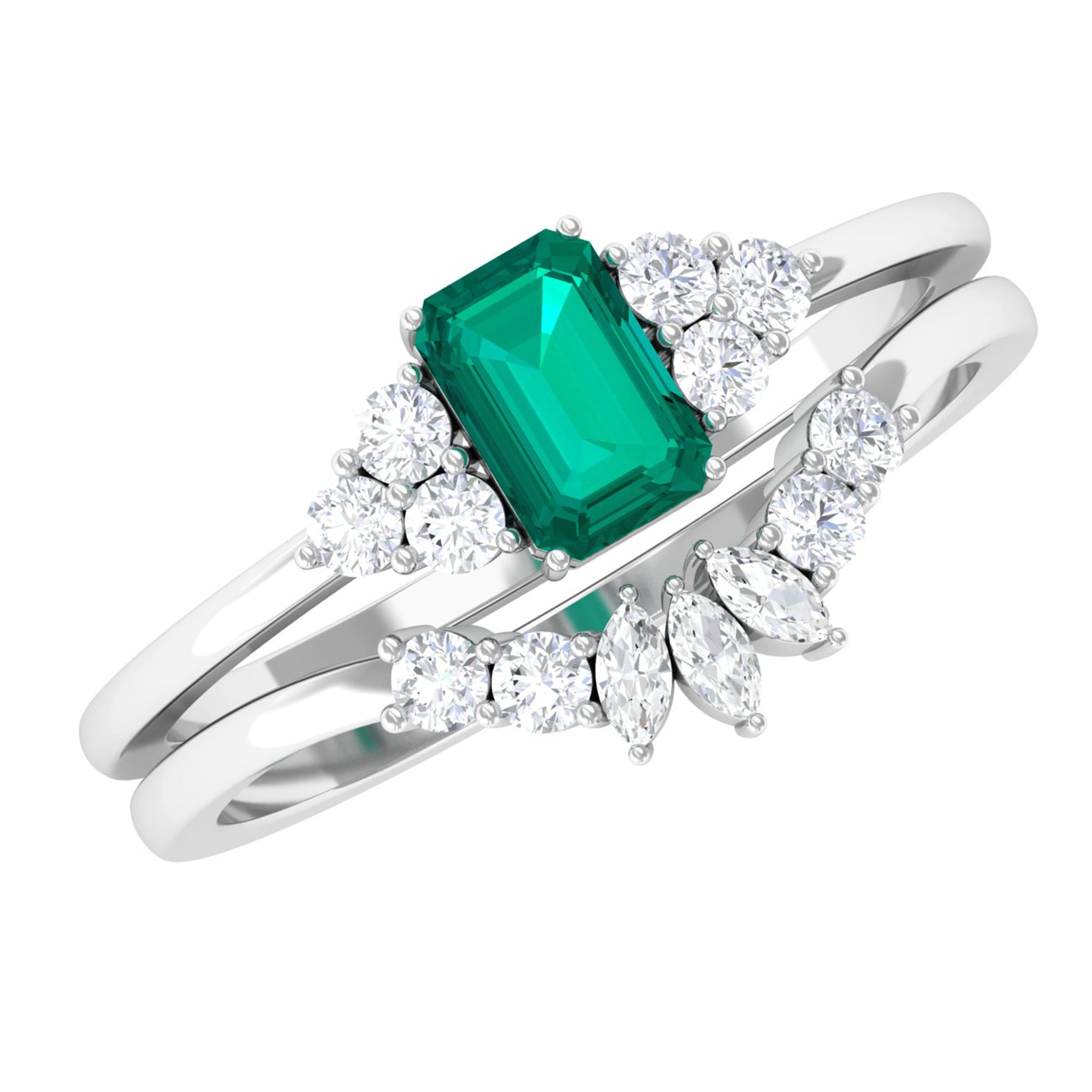 Solitaire Emerald and Diamond Wedding Ring Set Emerald - ( AAA ) - Quality - Rosec Jewels