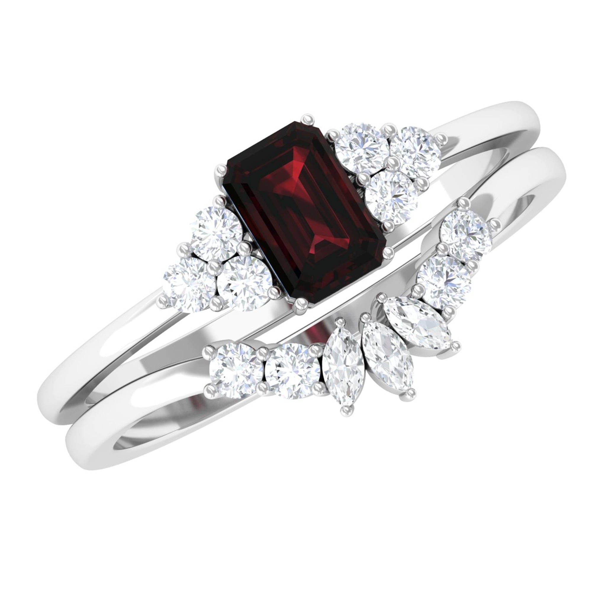 Rosec Jewels-Genuine Garnet Diamond Emerald Cut Engagement Wedding Ring Set of 2