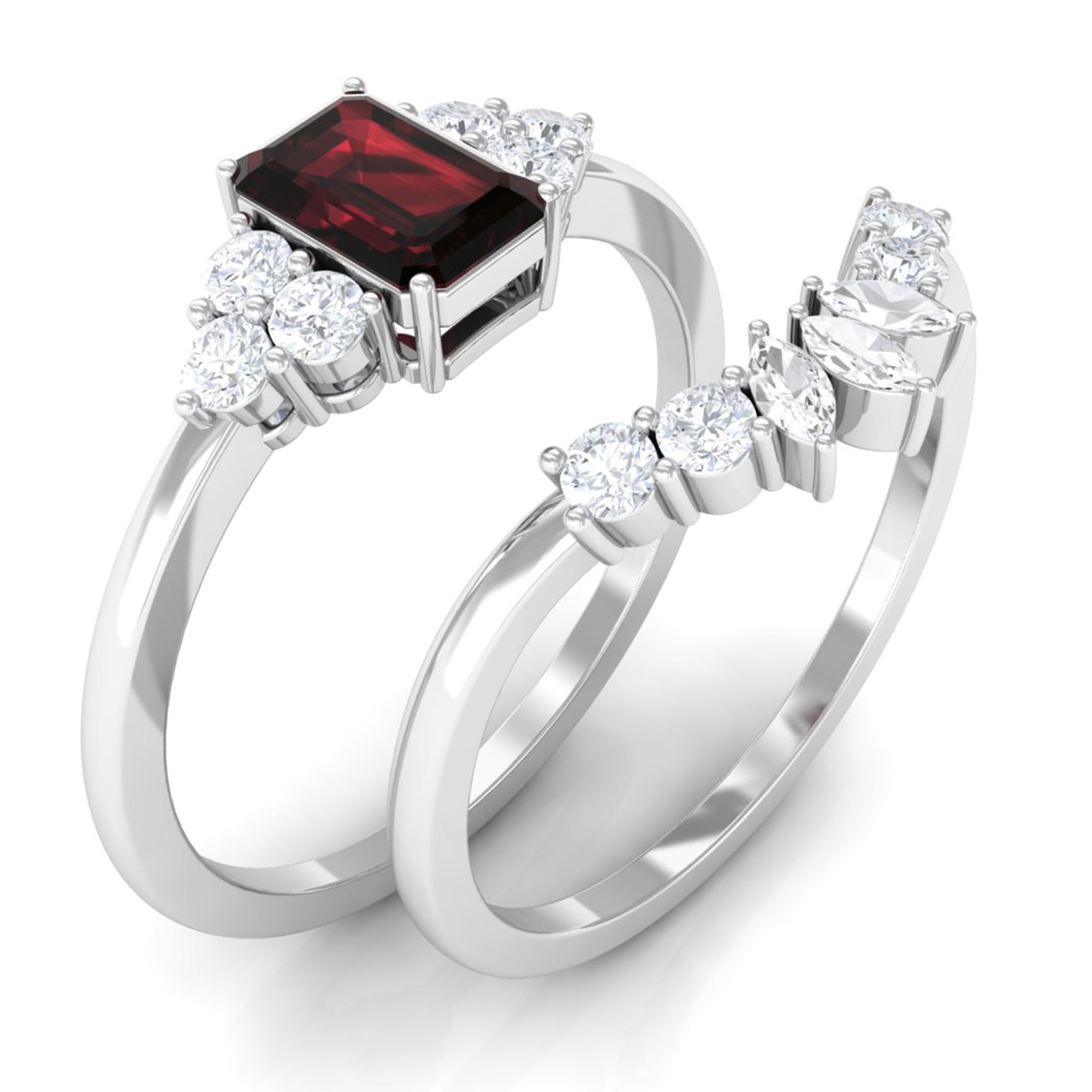 Rosec Jewels-Genuine Garnet Diamond Emerald Cut Engagement Wedding Ring Set of 2