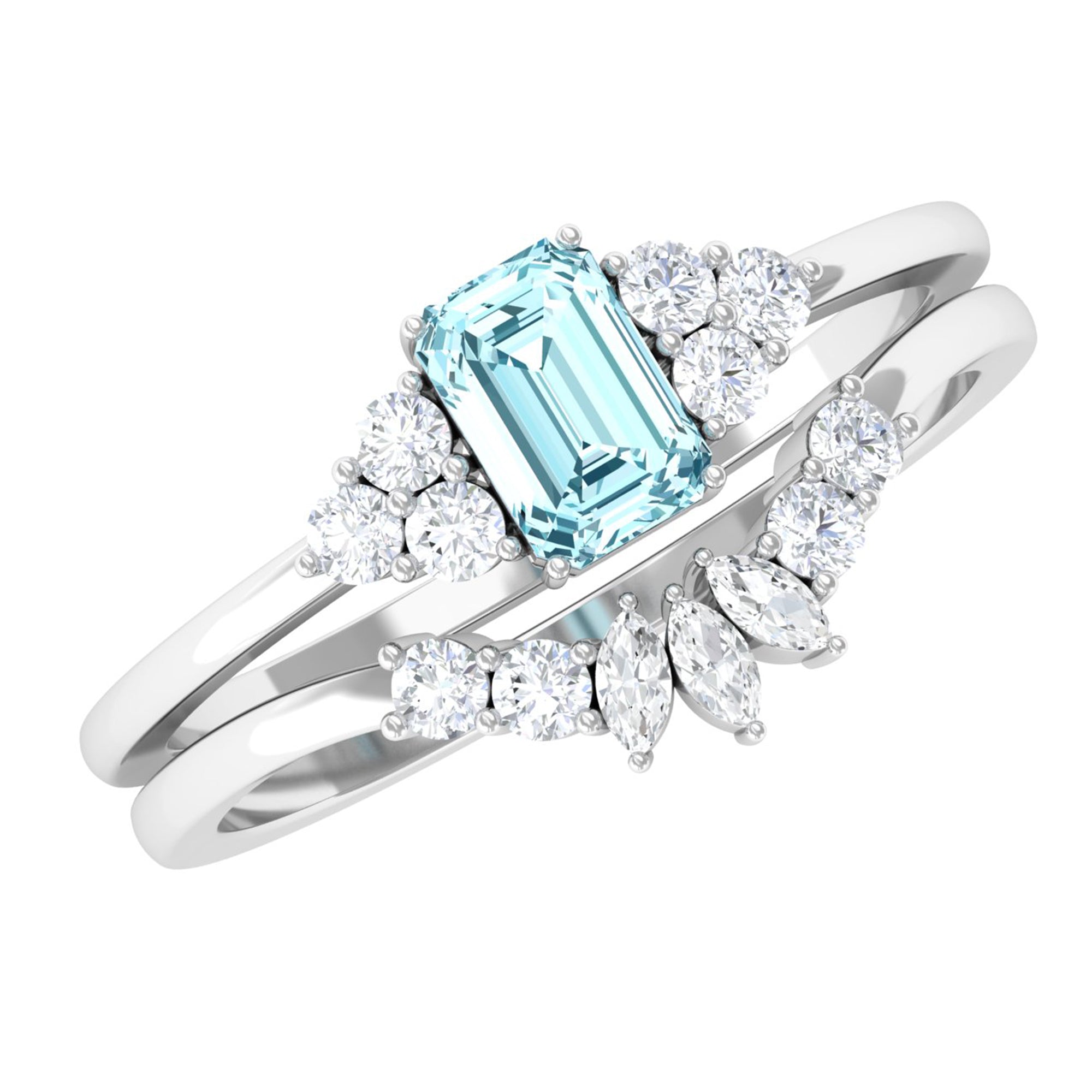 Rosec Jewels-Natural Emerald Cut Aquamarine Marriage Ring Set with Diamond