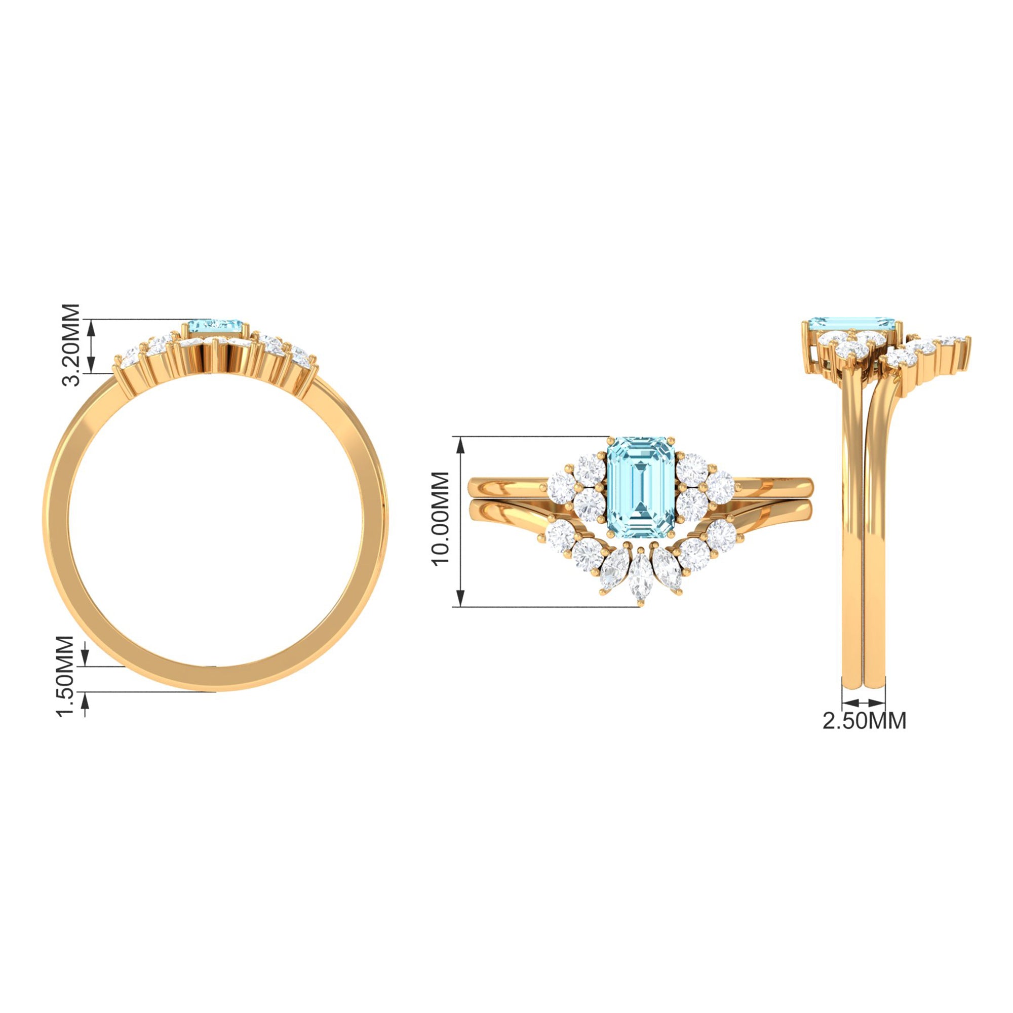 Rosec Jewels-Natural Emerald Cut Aquamarine Marriage Ring Set with Diamond