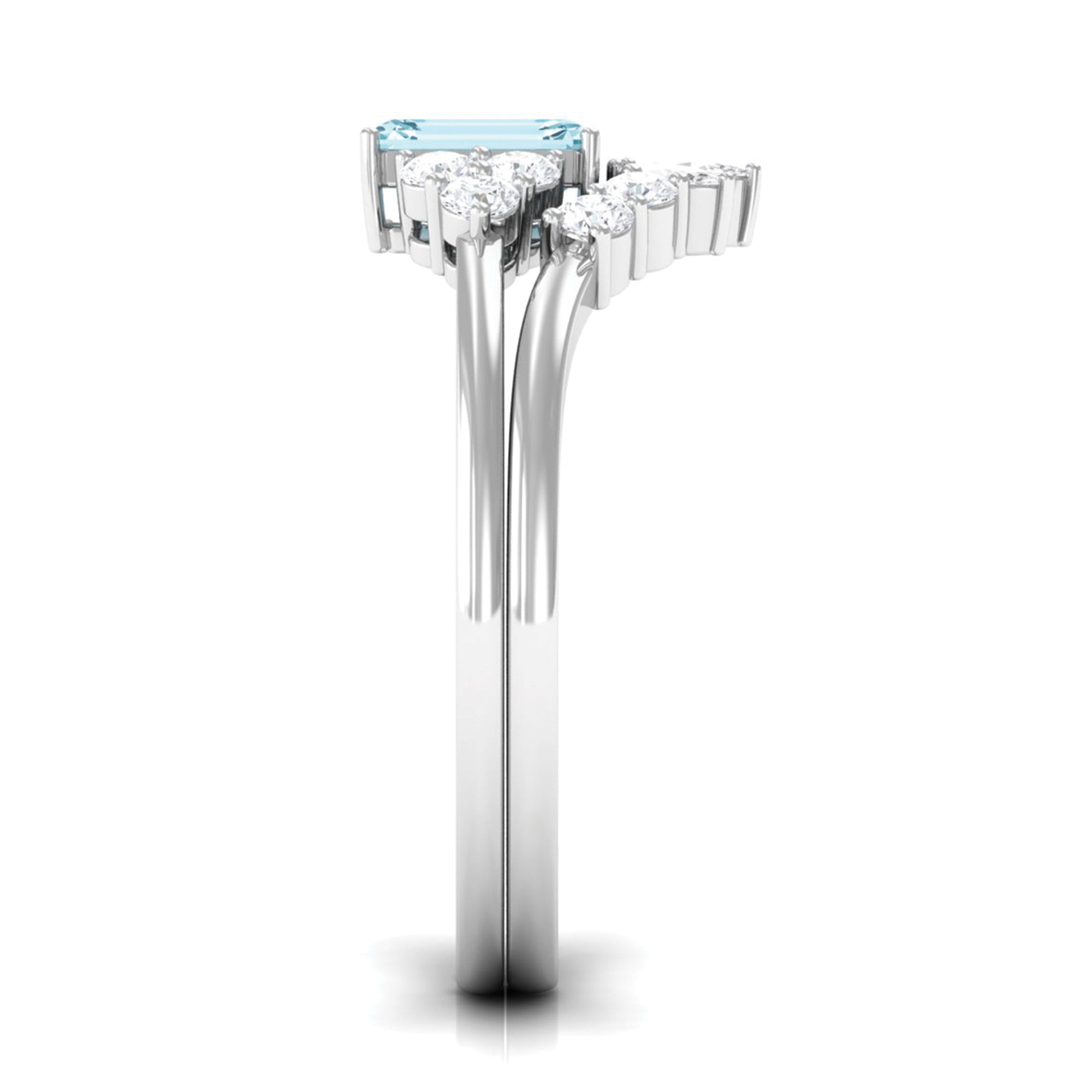 Rosec Jewels-Natural Emerald Cut Aquamarine Marriage Ring Set with Diamond