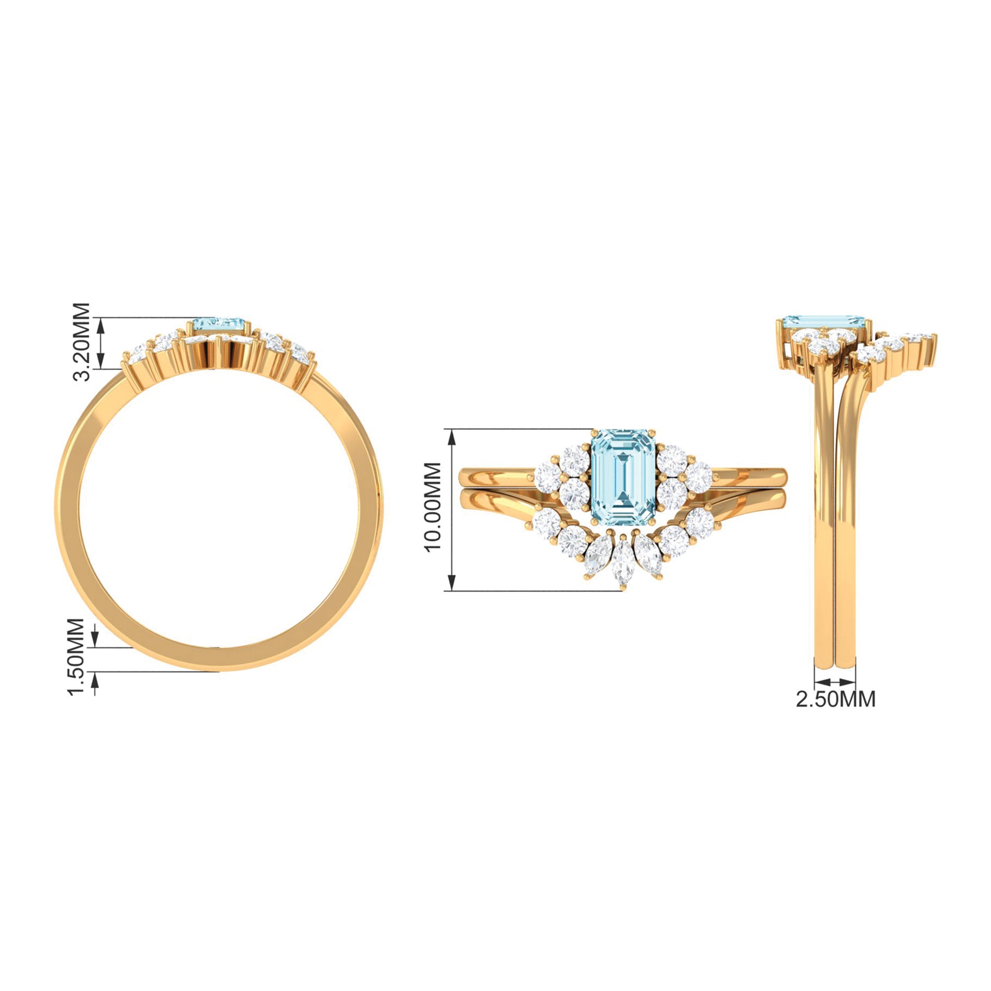Rosec Jewels-Natural Emerald Cut Aquamarine Marriage Ring Set with Diamond