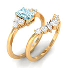 Rosec Jewels-Natural Emerald Cut Aquamarine Marriage Ring Set with Diamond
