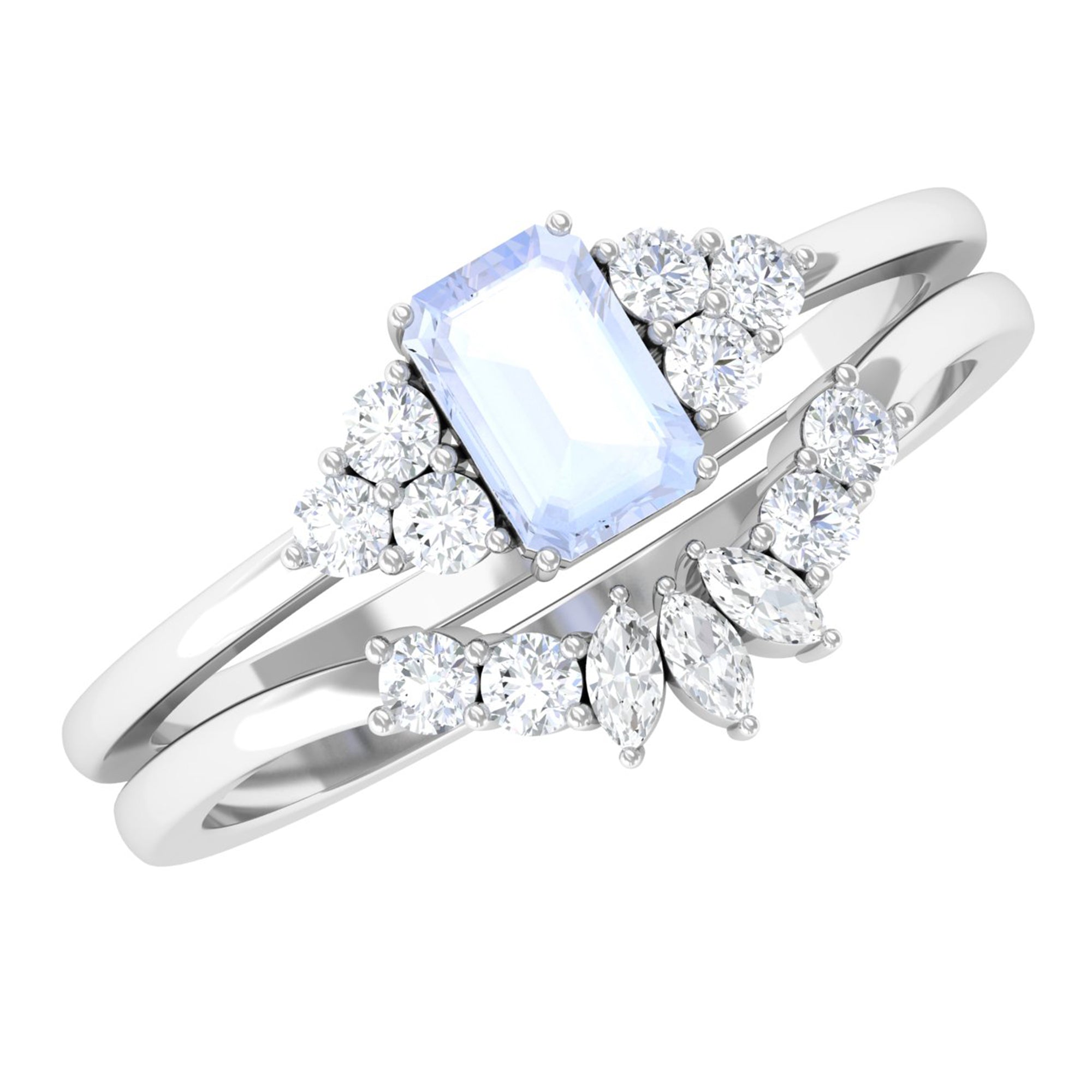 Emerald Cut Moonstone Solitaire Ring Set with Diamond Moonstone - ( AAA ) - Quality - Rosec Jewels