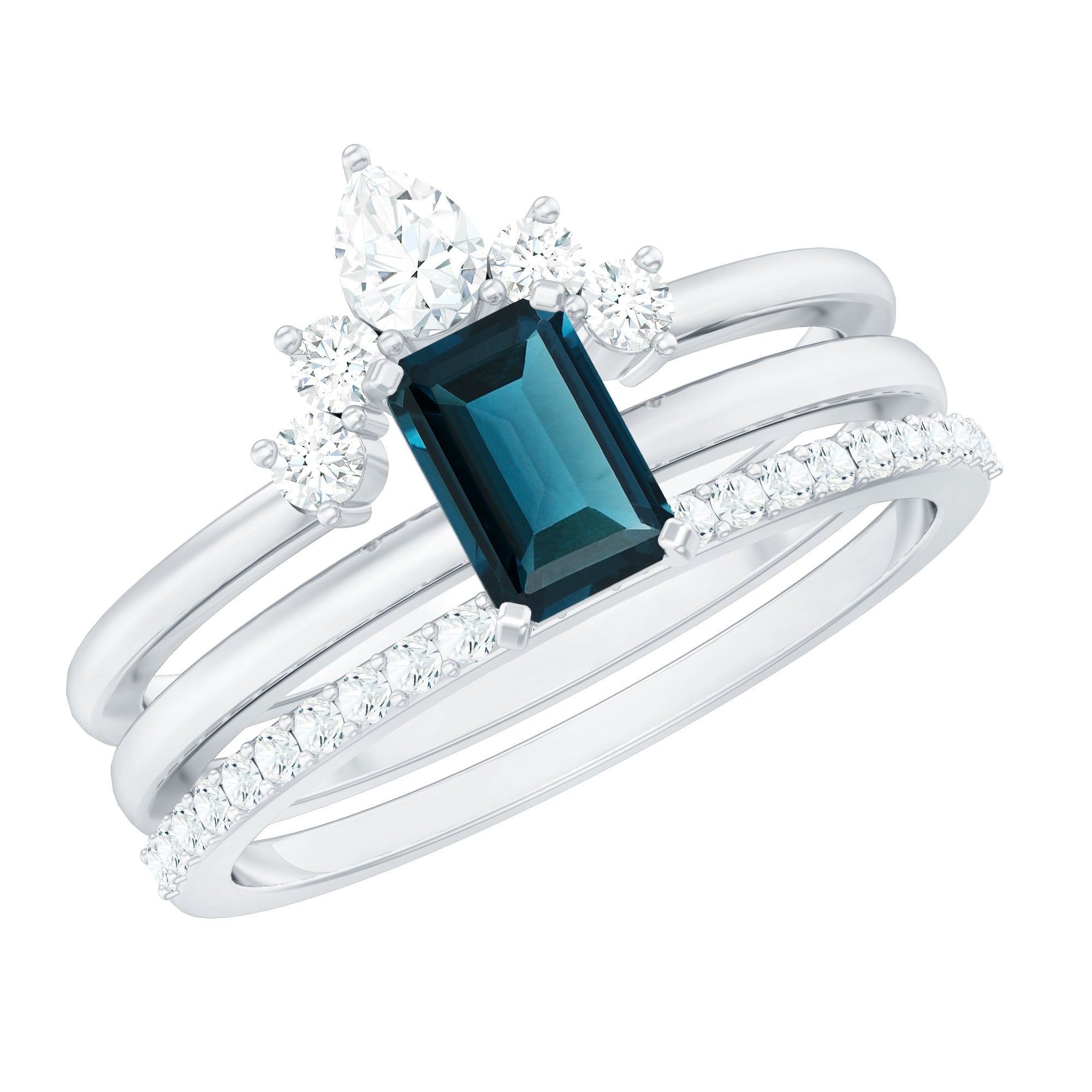 Octagon Cut London Blue Topaz Solitaire Ring Set with Diamond