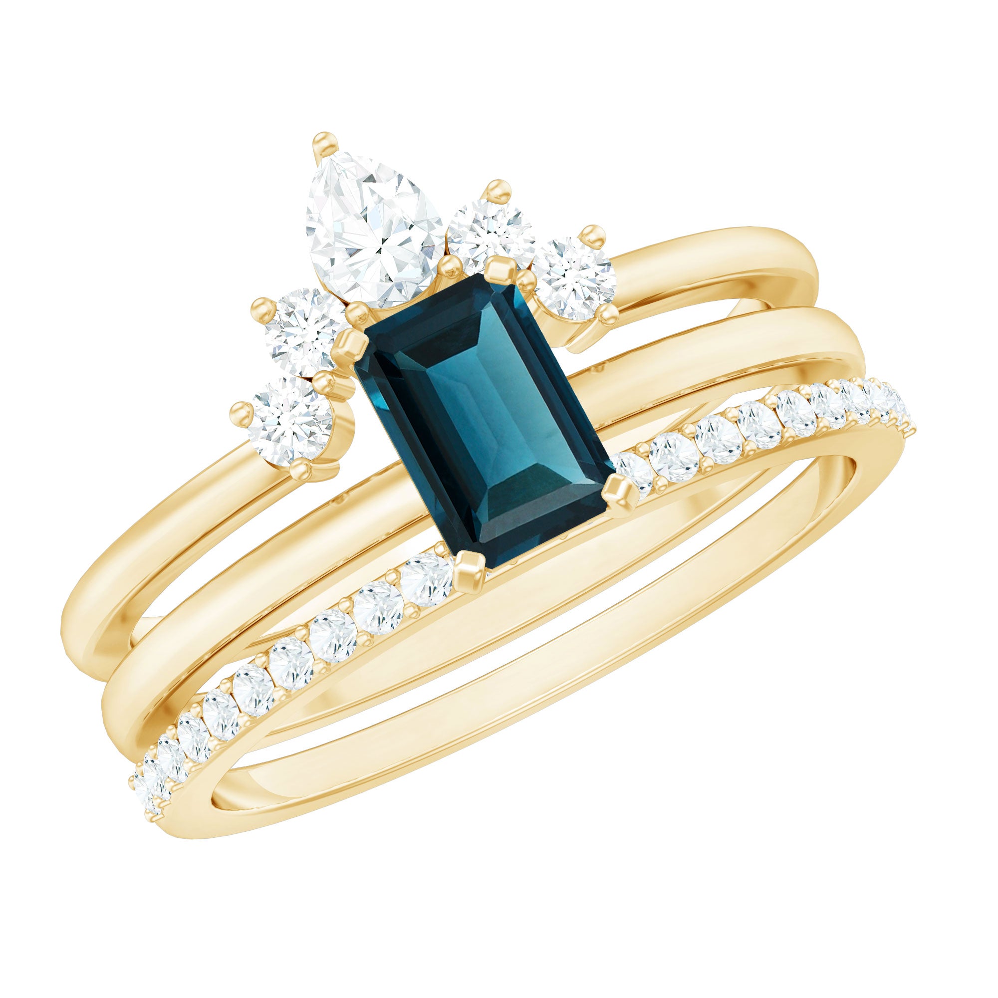 4X6mm Emerald Cut London Blue Topaz Solitaire Trio Ring Set with Diamond AAA - Rosec Jewels