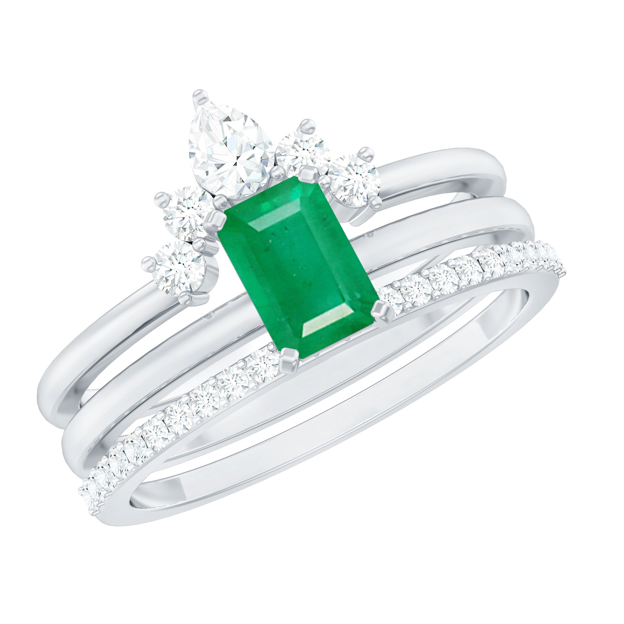 Rosec Jewels-Natural Emerald Cut Emerald Diamond Bridal Ring Set of 3