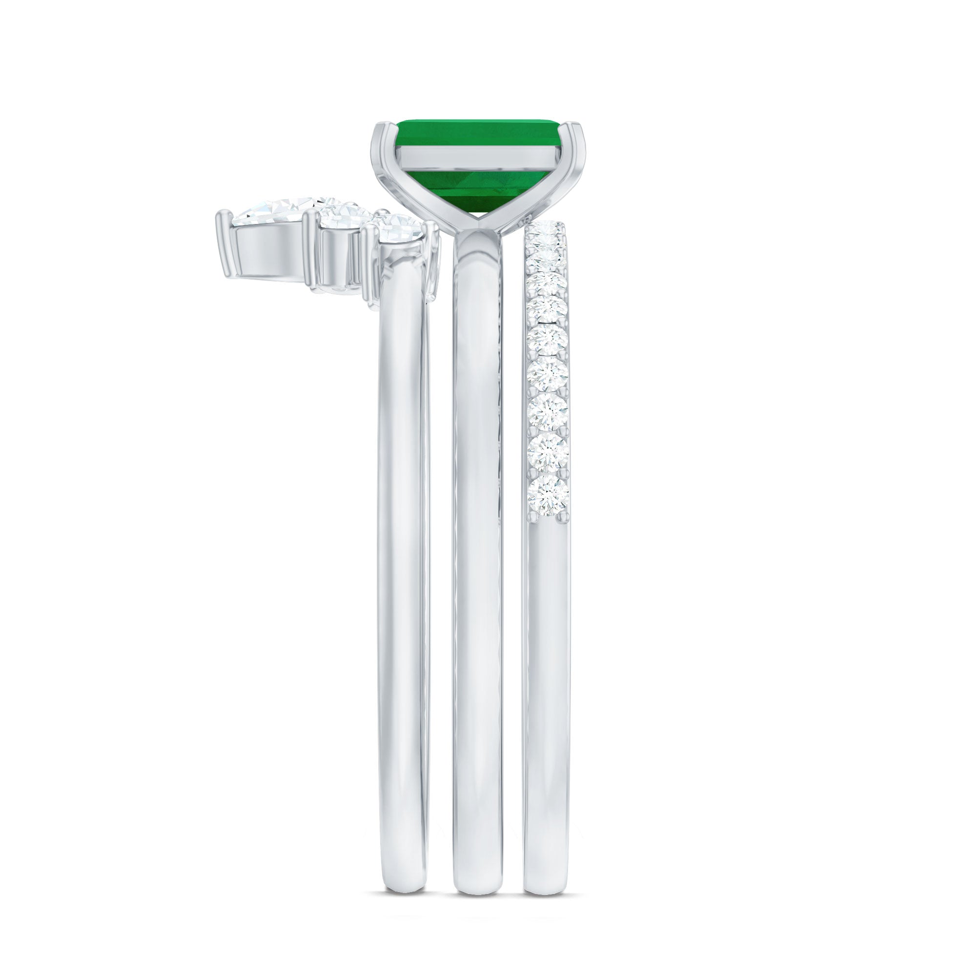 Rosec Jewels-Natural Emerald Cut Emerald Diamond Bridal Ring Set of 3