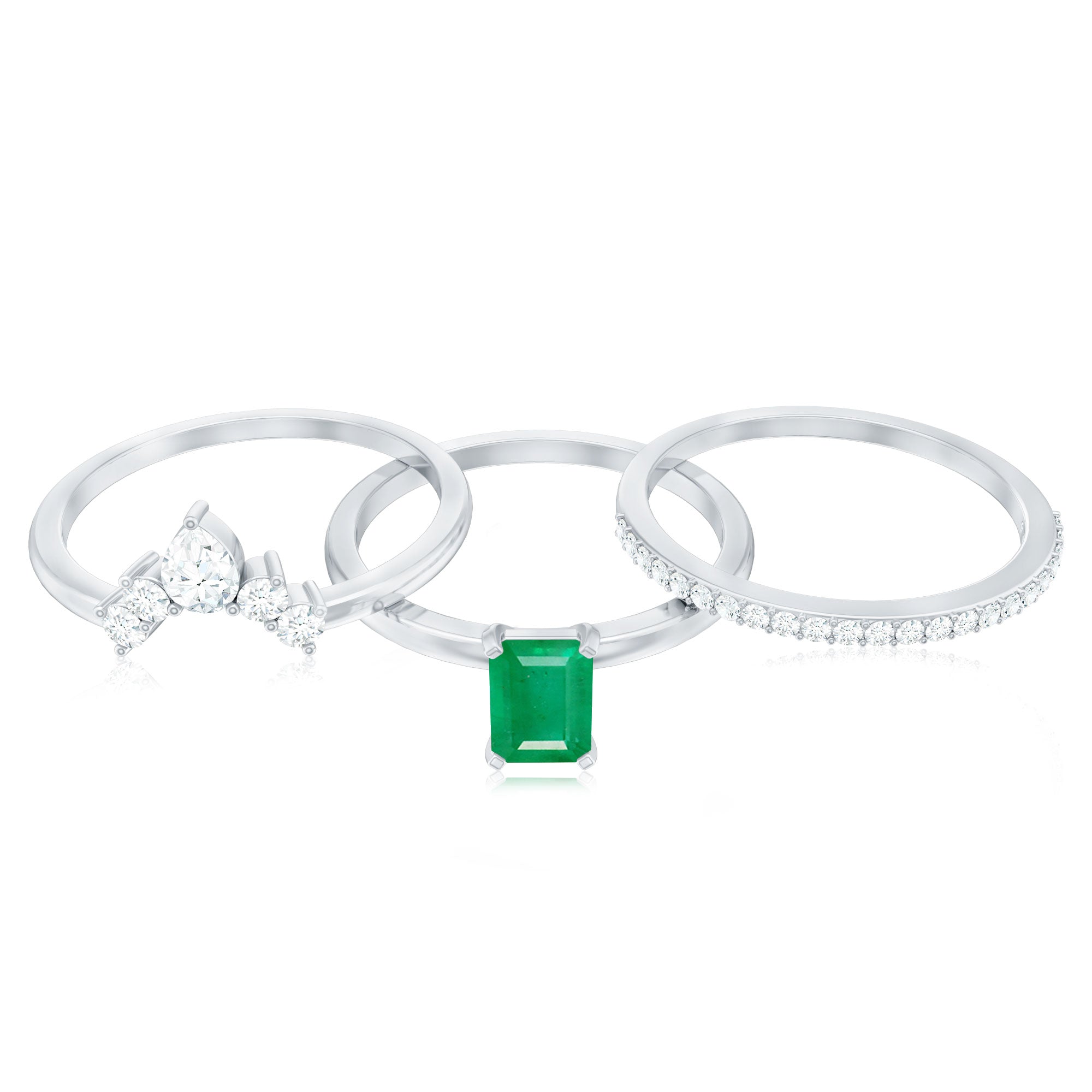 Rosec Jewels-Natural Emerald Cut Emerald Diamond Bridal Ring Set of 3