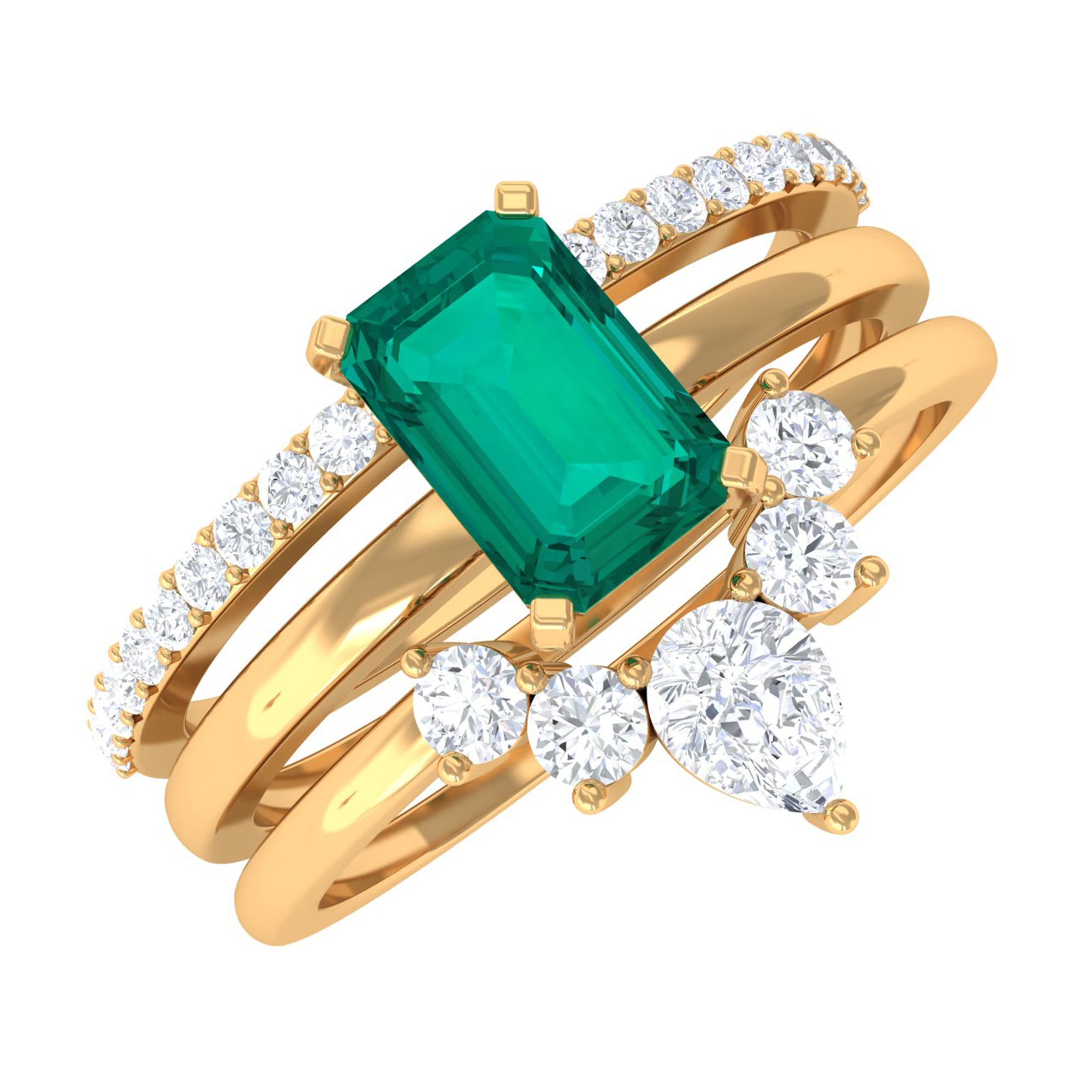 Emerald and Diamond Trio Engagement Ring Set Emerald - ( AAA ) - Quality - Rosec Jewels