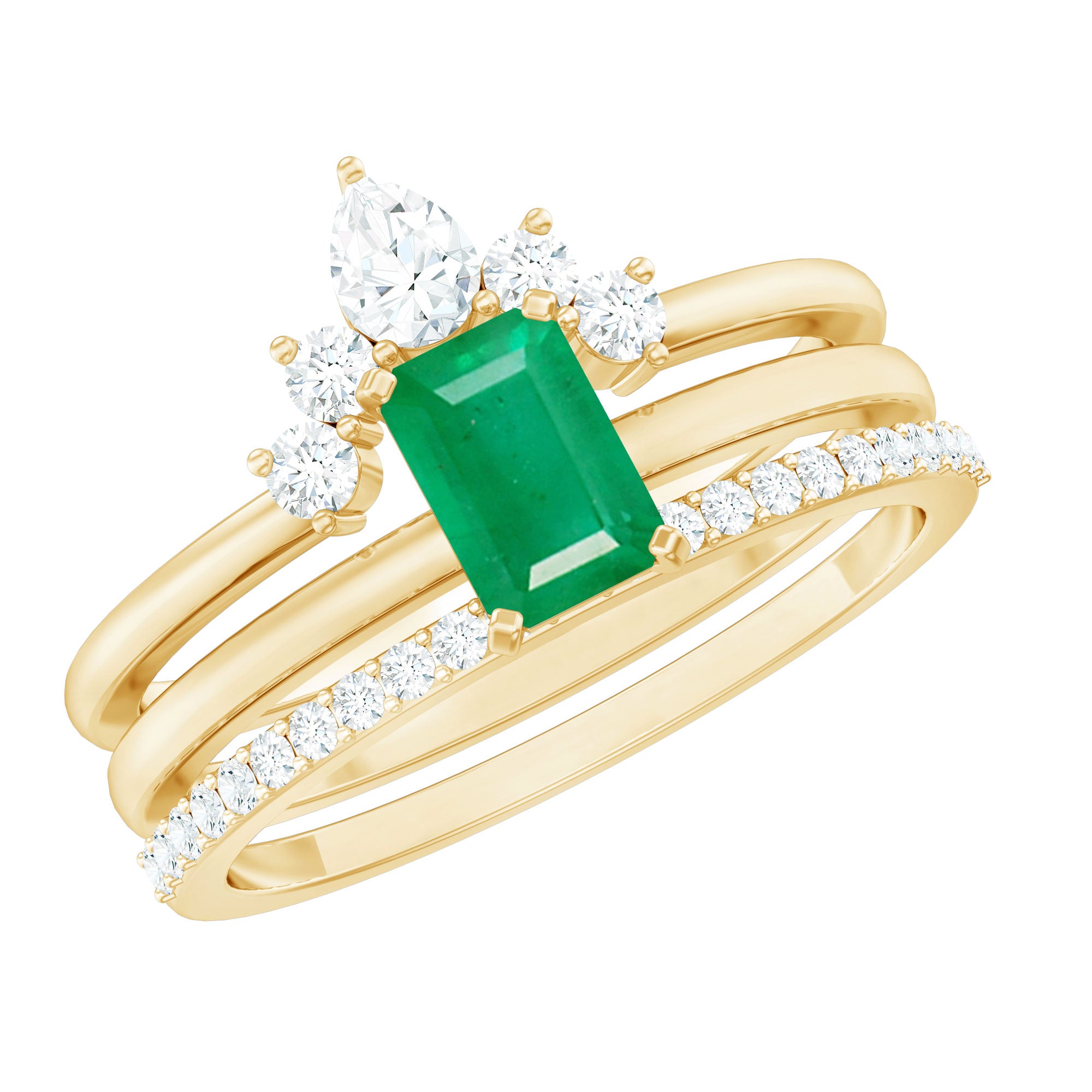 Rosec Jewels-Natural Emerald Cut Emerald Diamond Bridal Ring Set of 3