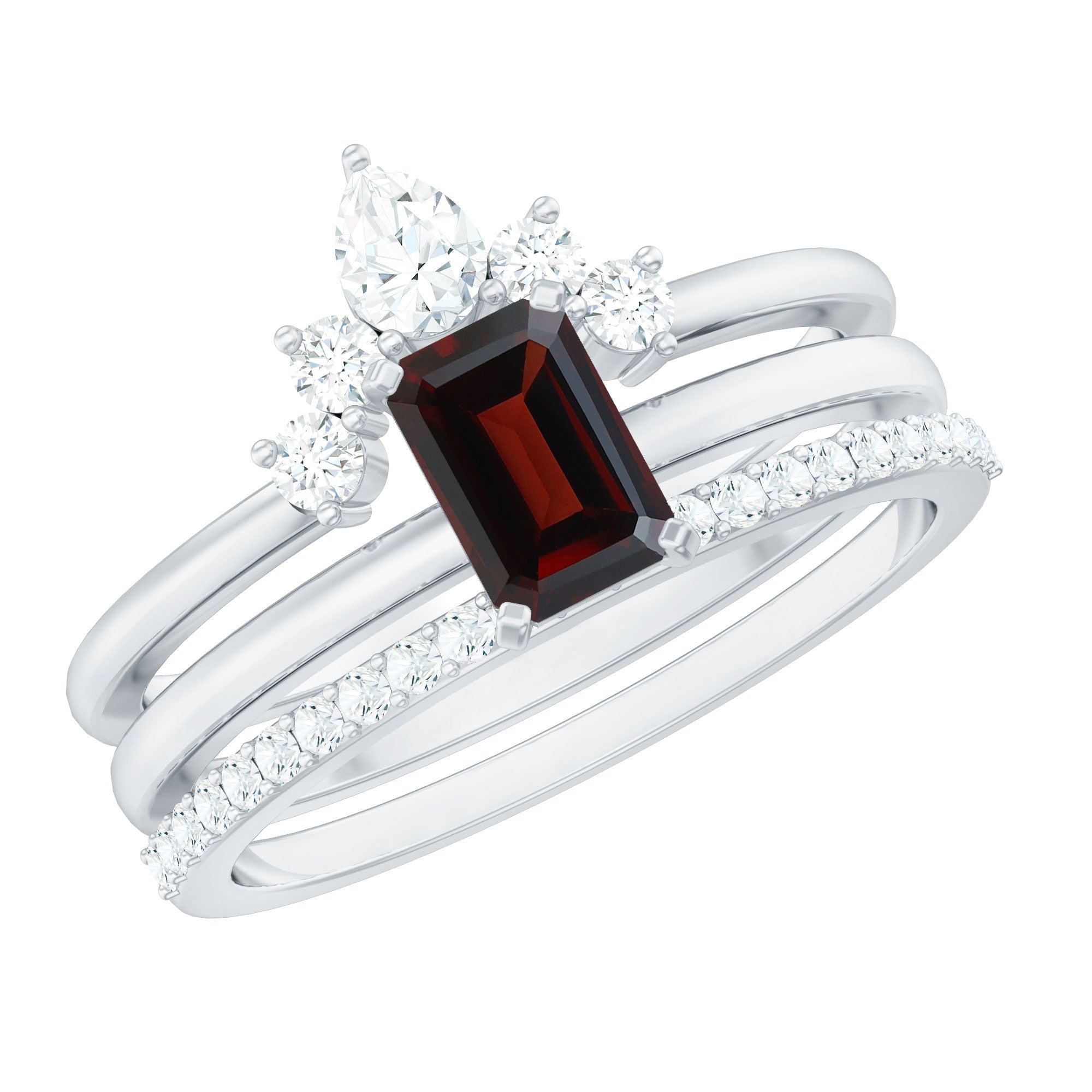 Rosec Jewels-Natural Emerald Cut Garnet Diamond 3 Piece Wedding Ring Set