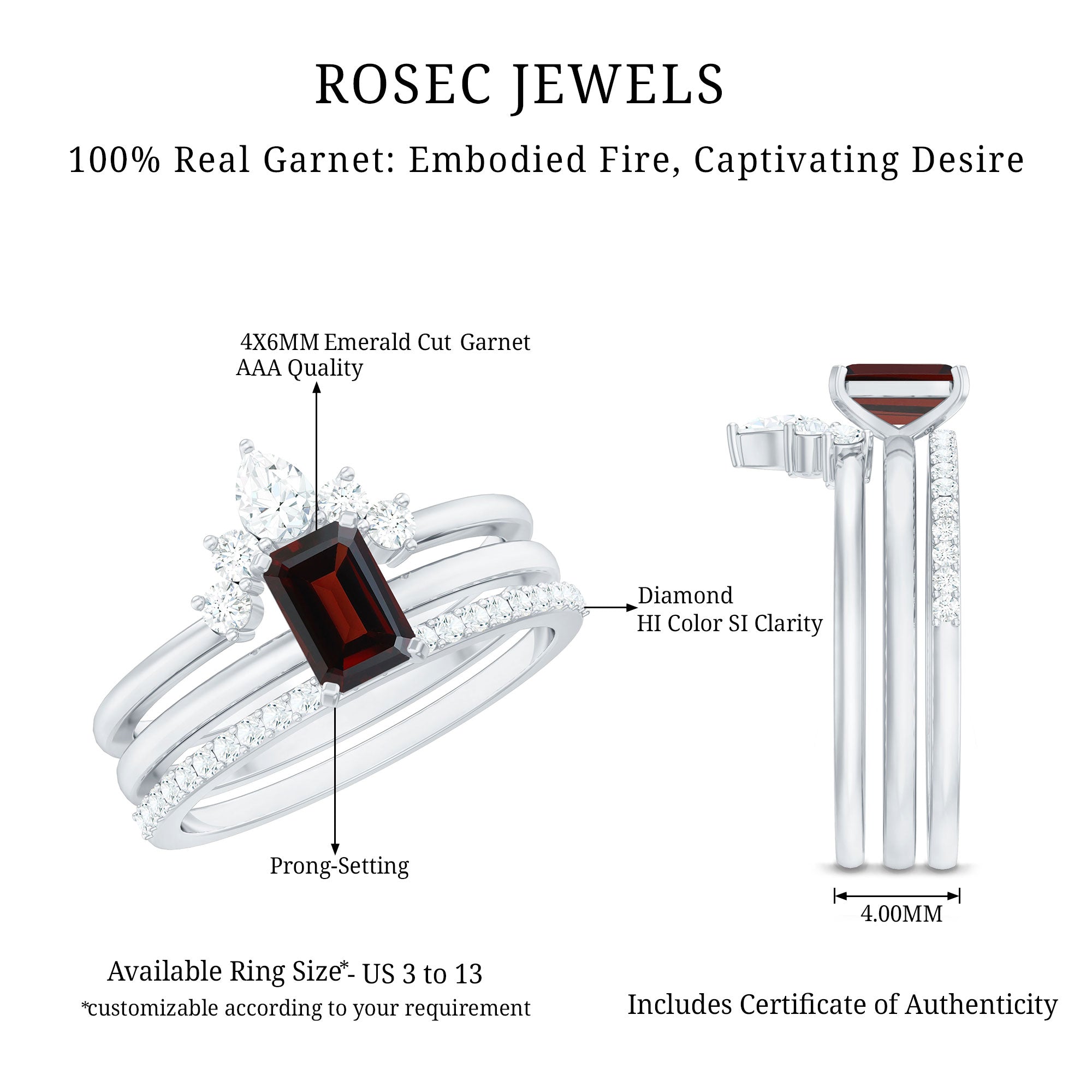 Rosec Jewels-Natural Emerald Cut Garnet Diamond 3 Piece Wedding Ring Set