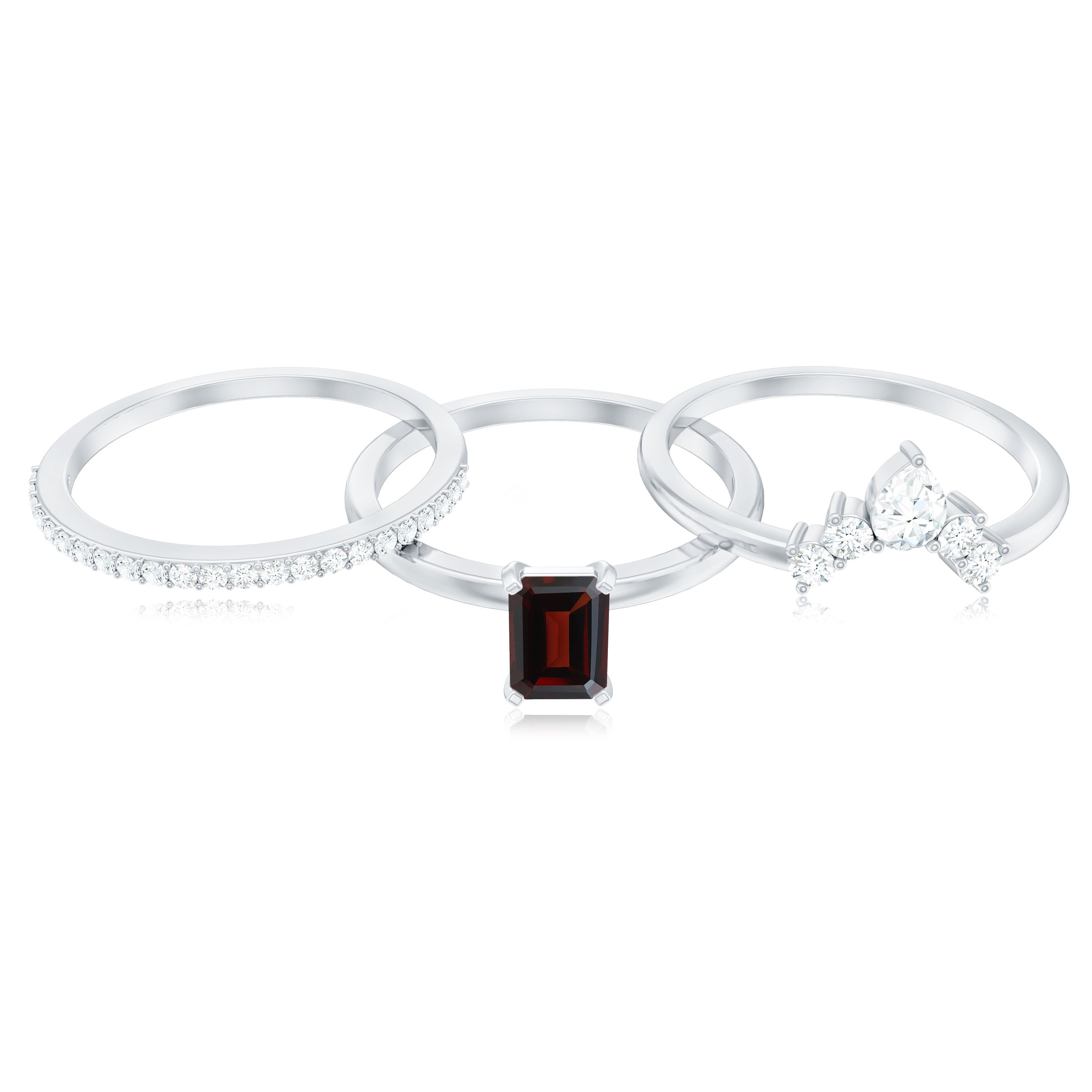 Rosec Jewels-Natural Emerald Cut Garnet Diamond 3 Piece Wedding Ring Set