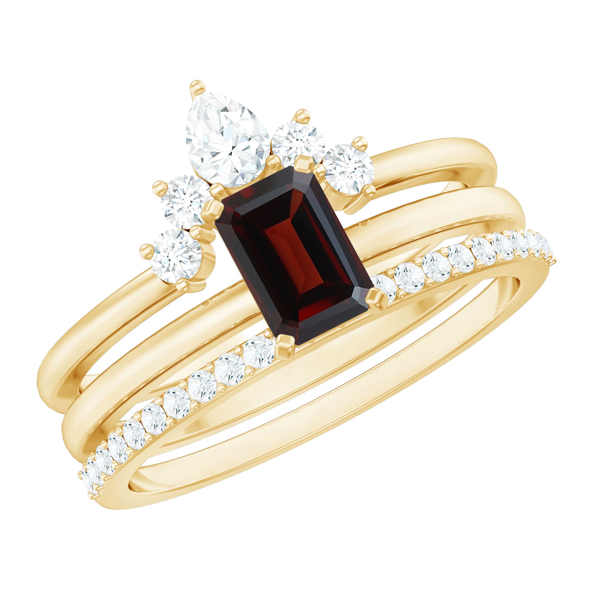 Rosec Jewels-Natural Emerald Cut Garnet Diamond 3 Piece Wedding Ring Set