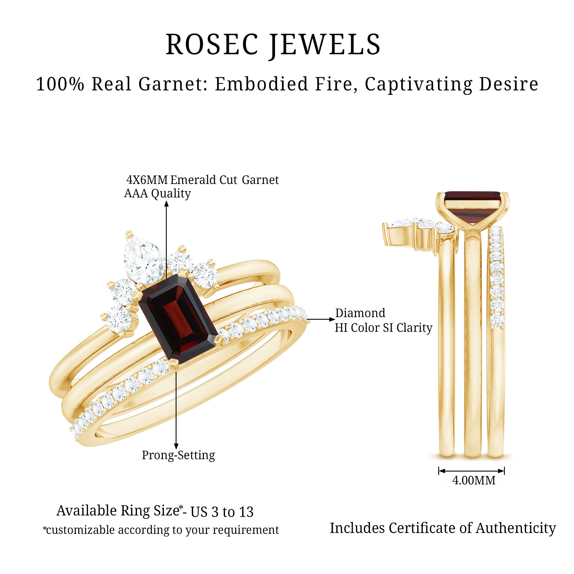 Rosec Jewels-Natural Emerald Cut Garnet Diamond 3 Piece Wedding Ring Set