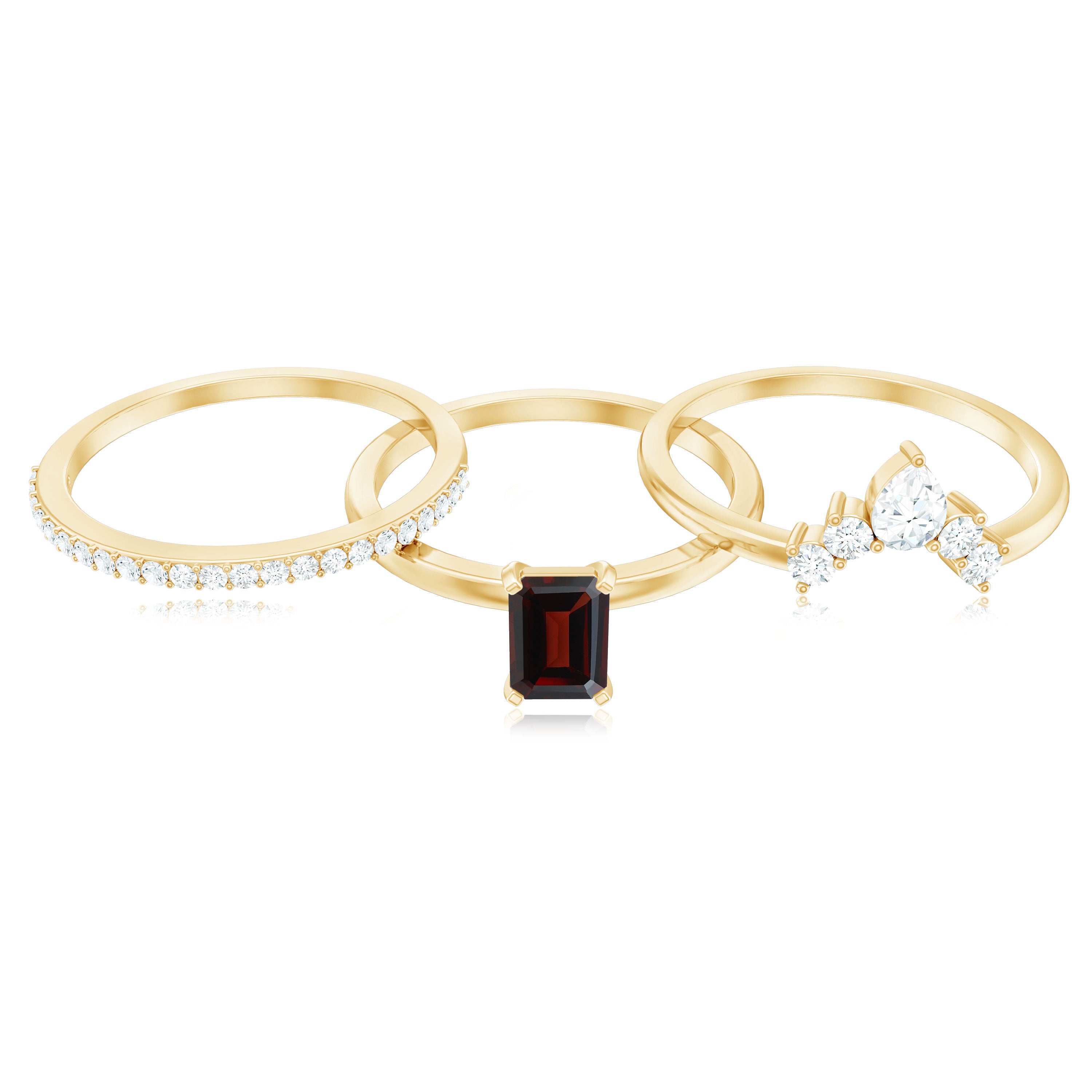 Rosec Jewels-Natural Emerald Cut Garnet Diamond 3 Piece Wedding Ring Set
