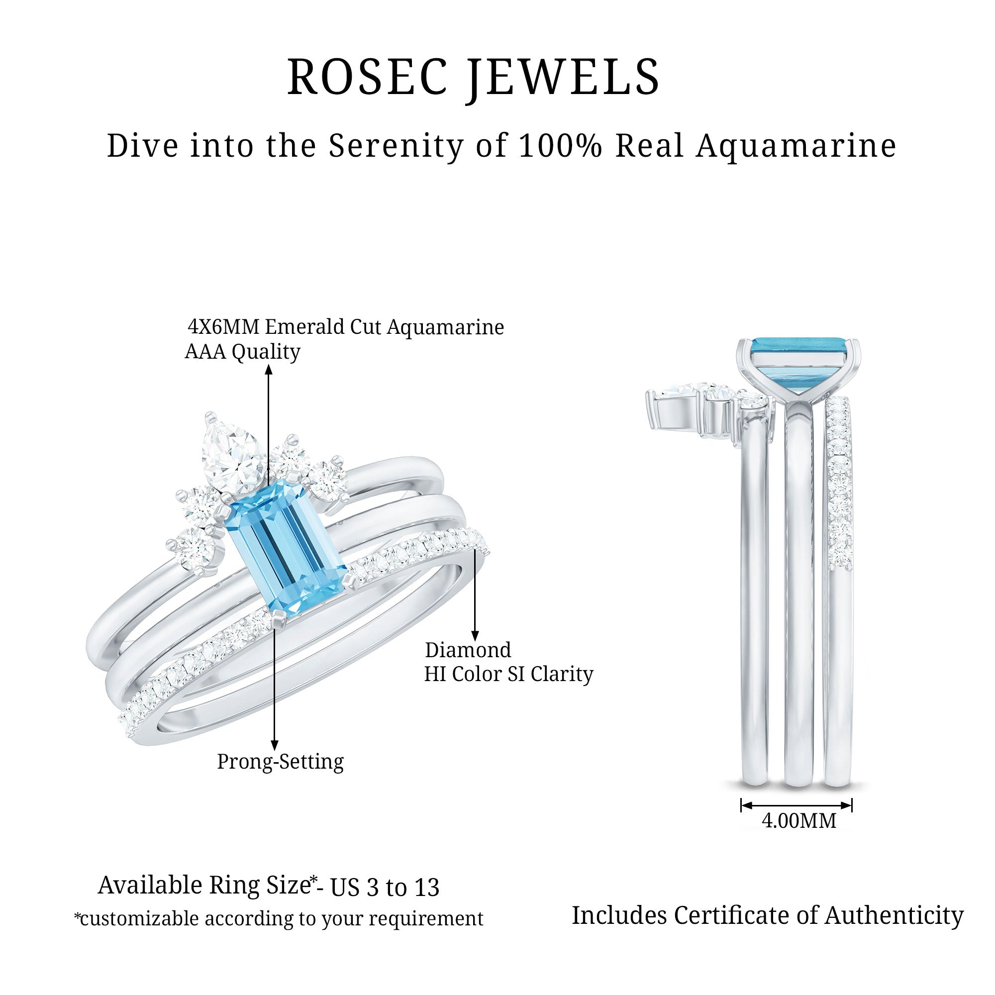 Emerald Cut Aquamarine Solitaire Ring Set of 3 with Diamond AAA - Rosec Jewels
