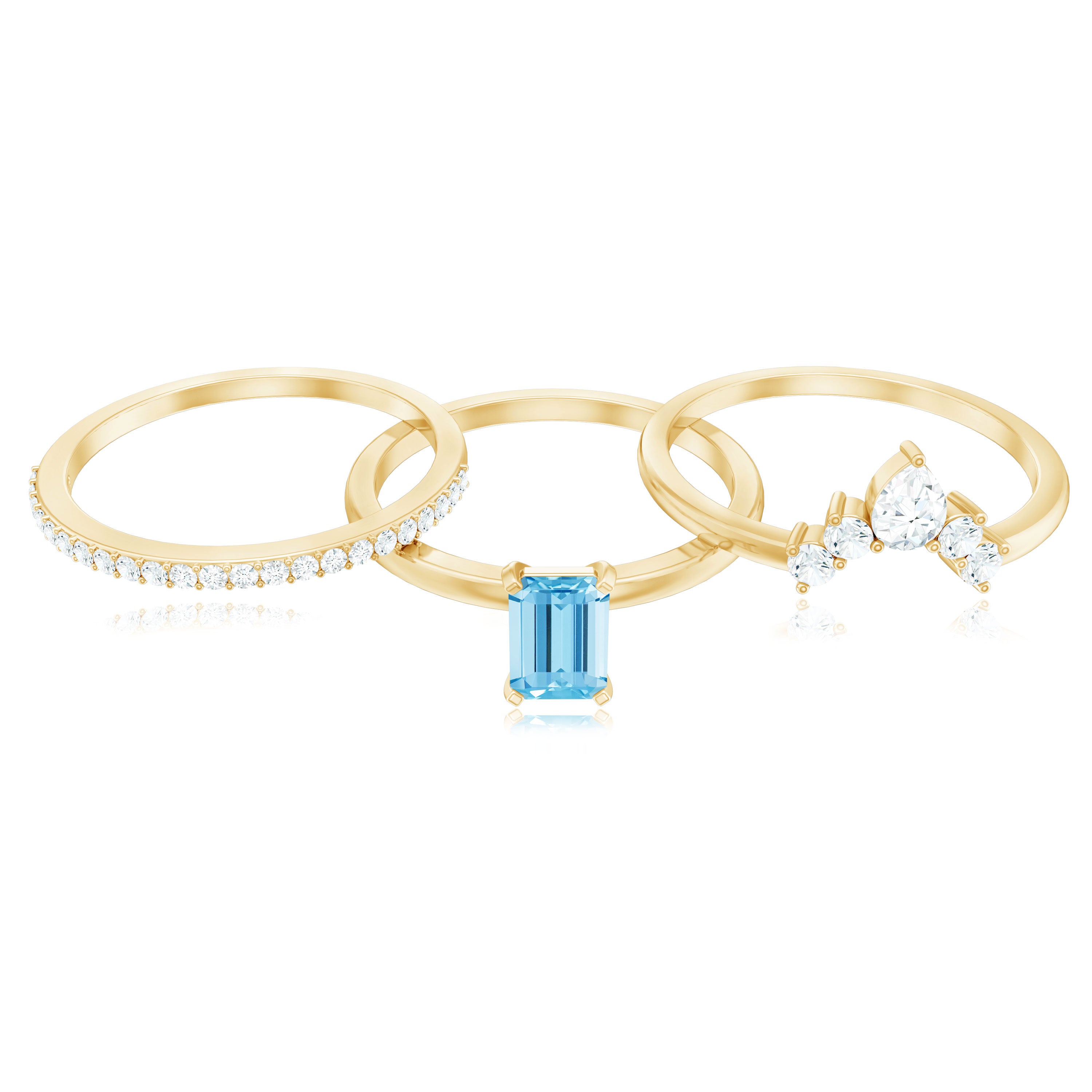 Emerald Cut Aquamarine Solitaire Ring Set of 3 with Diamond AAA - Rosec Jewels