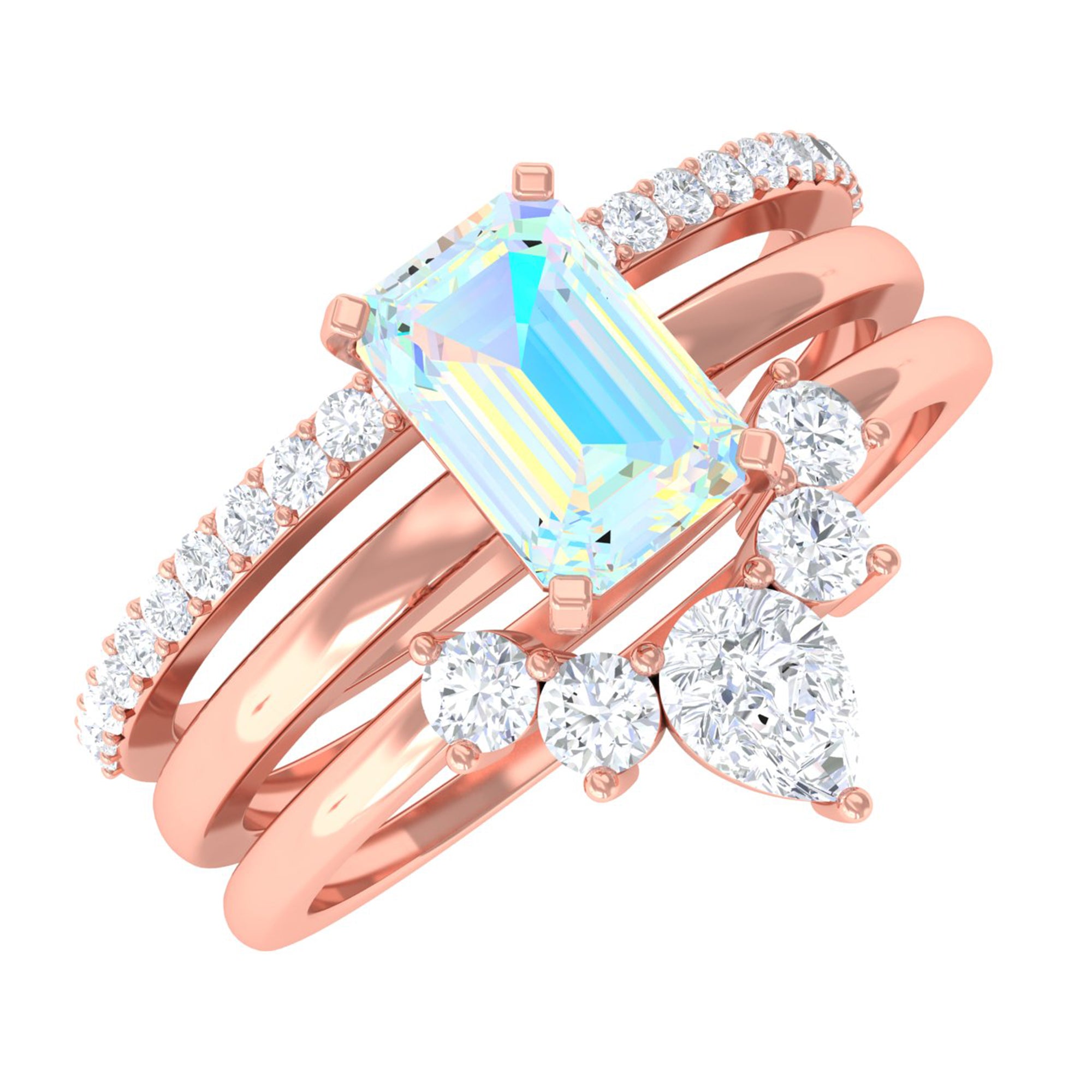 Solitaire Ethiopian Opal Trio Wedding Ring Set with Moissanite Ethiopian Opal - ( AAA ) - Quality - Rosec Jewels