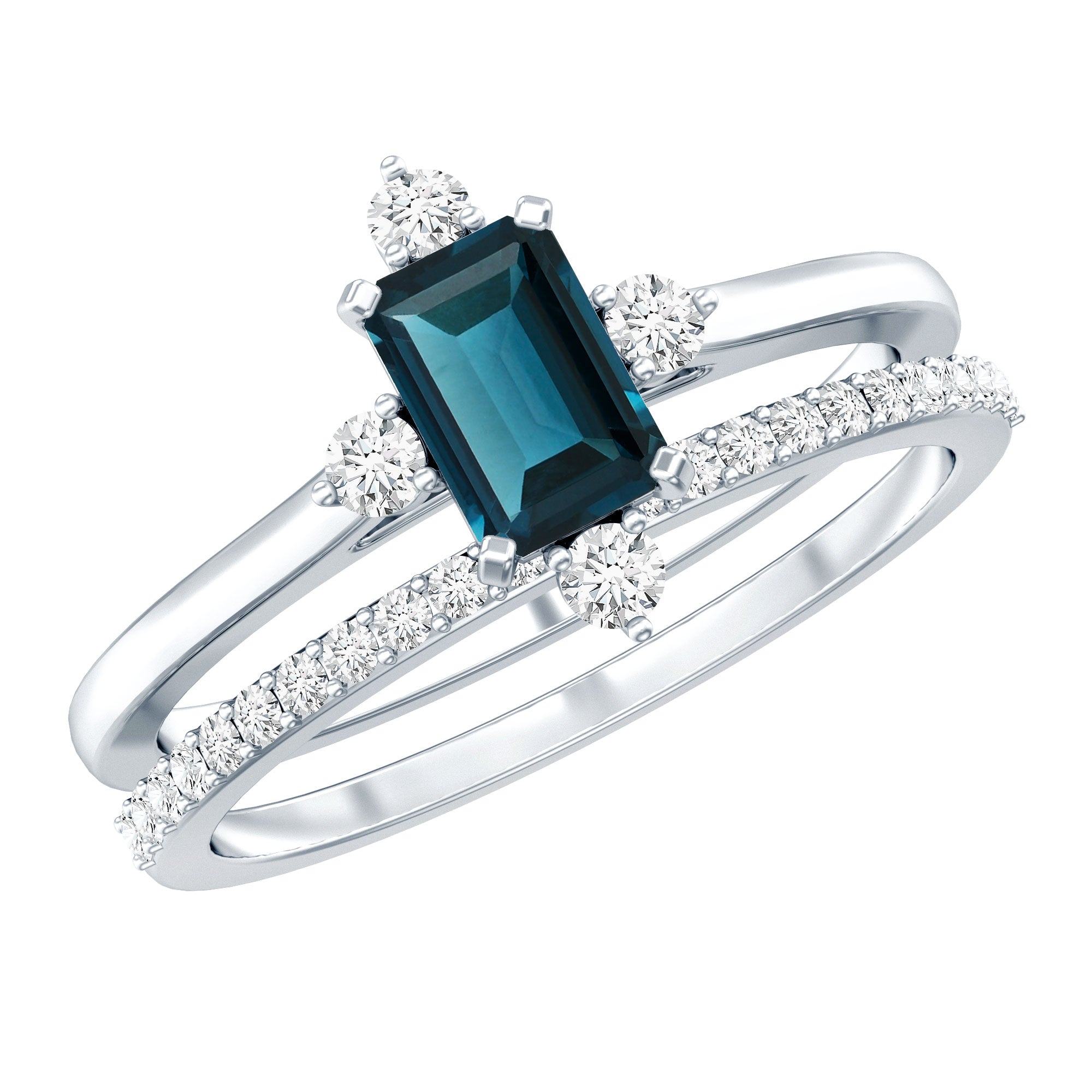 4X6mm Emerald Cut London Blue Topaz Wedding Ring Set with Diamond Band AAA - Rosec Jewels