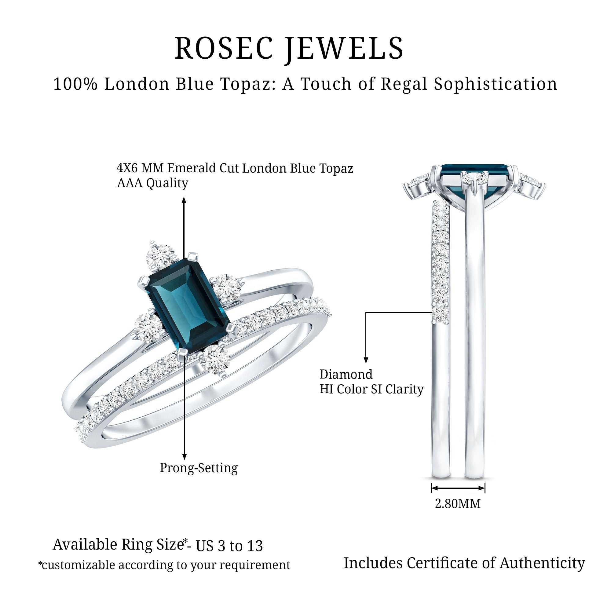 4X6mm Emerald Cut London Blue Topaz Wedding Ring Set with Diamond Band AAA - Rosec Jewels