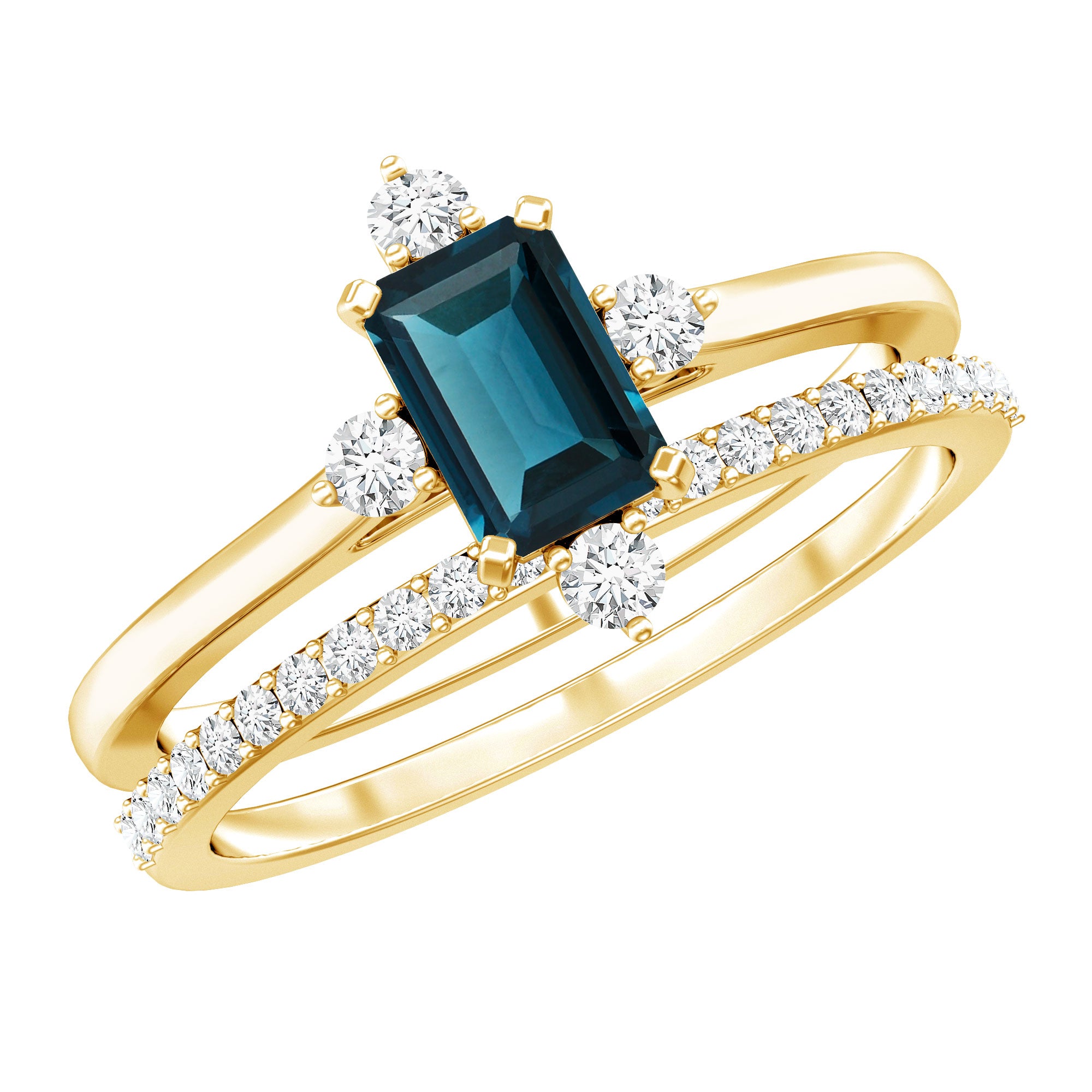 4X6mm Emerald Cut London Blue Topaz Wedding Ring Set with Diamond Band AAA - Rosec Jewels
