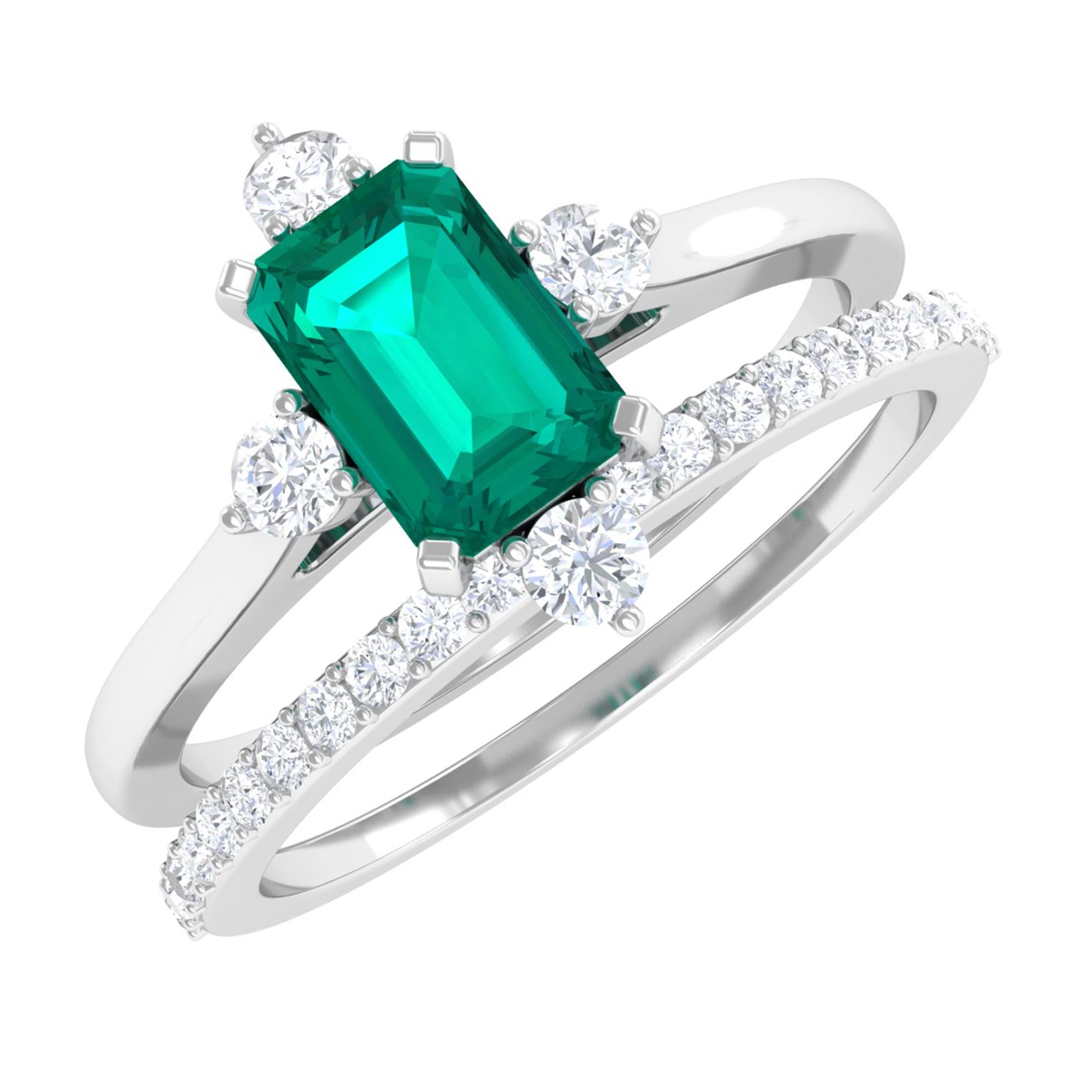 Emerald Solitaire and Diamond Ring Set Emerald - ( AAA ) - Quality - Rosec Jewels