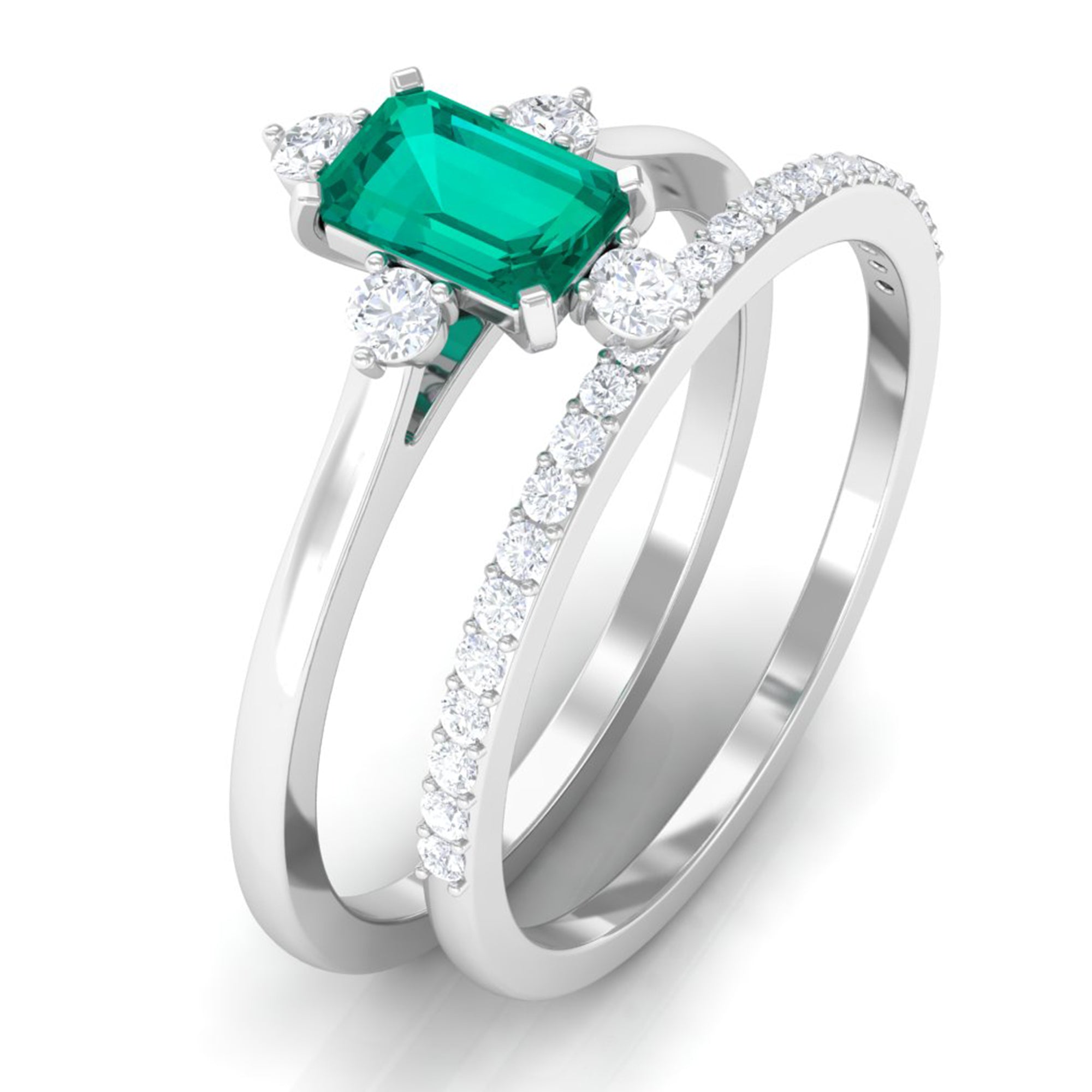 Emerald Solitaire and Diamond Ring Set Emerald - ( AAA ) - Quality - Rosec Jewels
