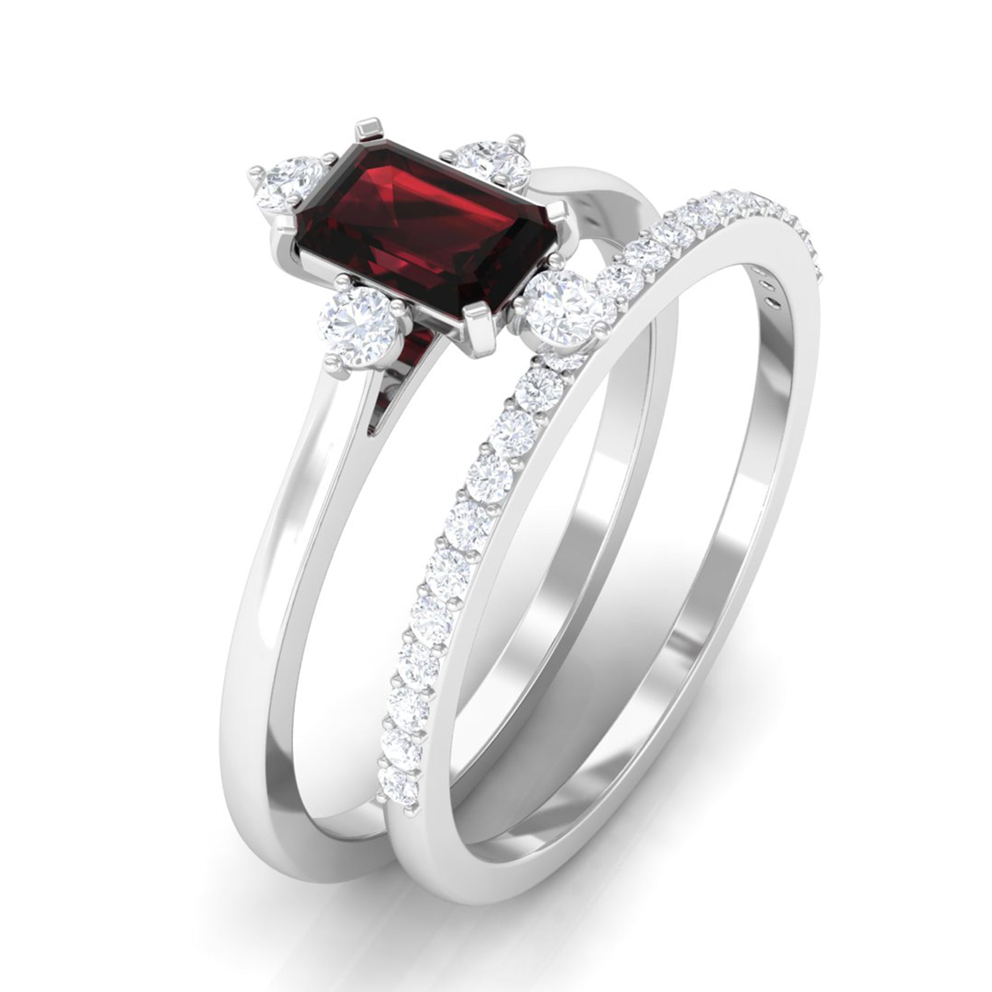 Natural Emerald Cut Garnet Diamond Wedding Bridal Ring Set of 2 AAA - Rosec Jewels