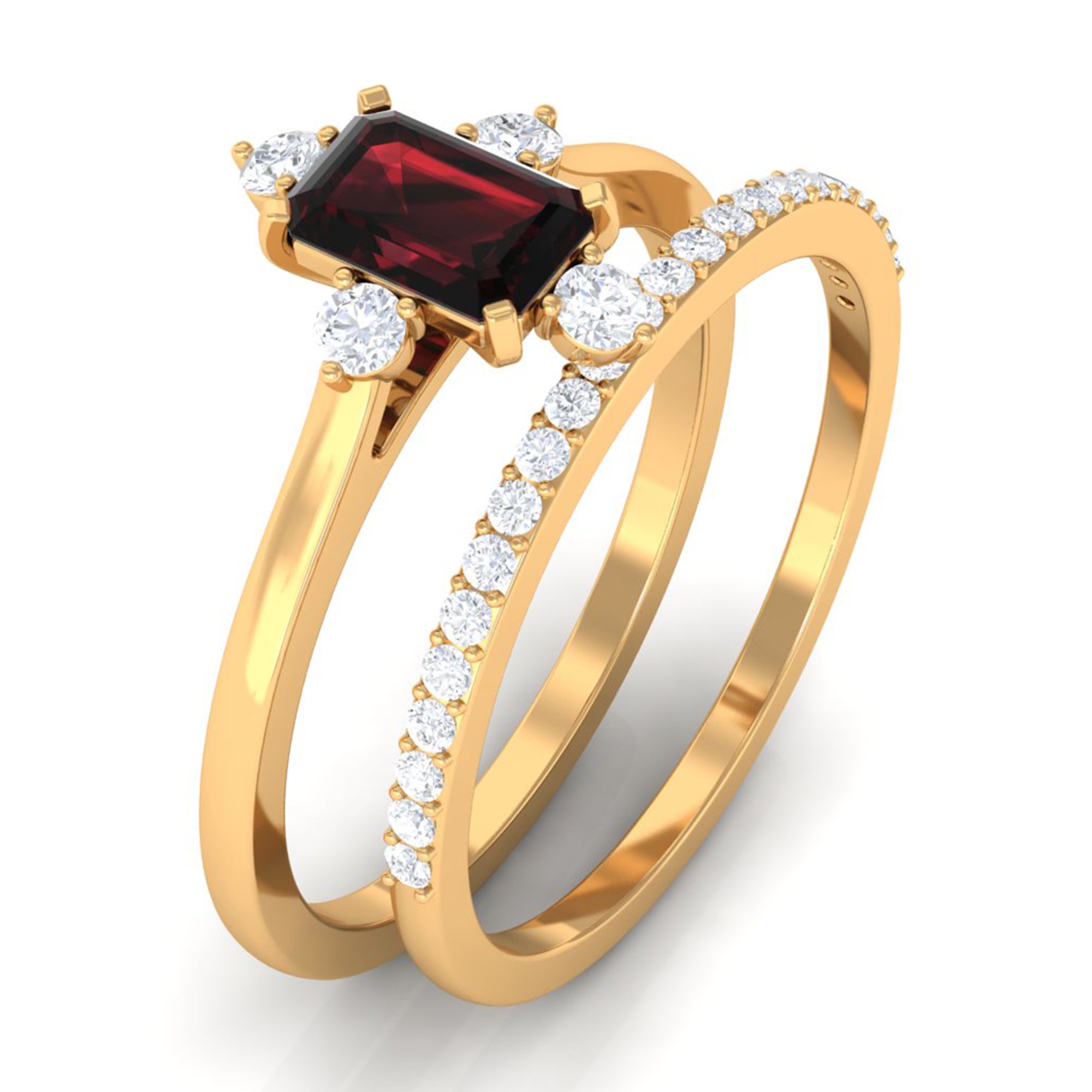 Natural Emerald Cut Garnet Diamond Wedding Bridal Ring Set of 2 AAA - Rosec Jewels