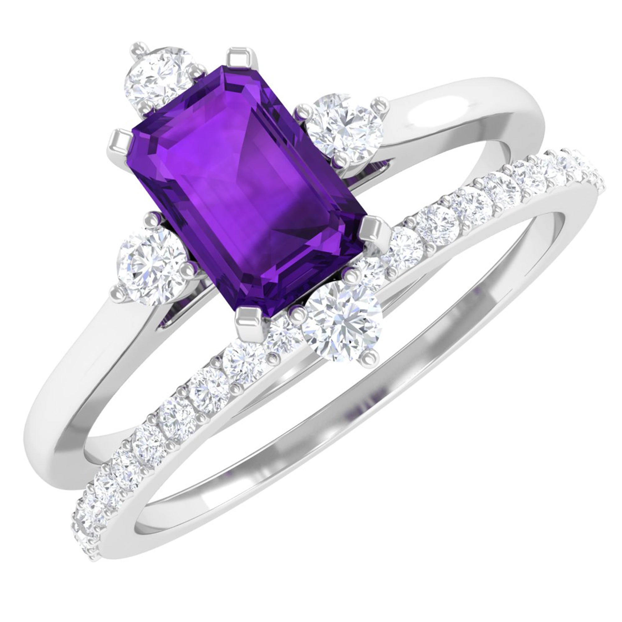 Rosec Jewels-Real 1.4 Carat Amethyst Emerald Cut Engagement Wedding Ring Set with Diamond