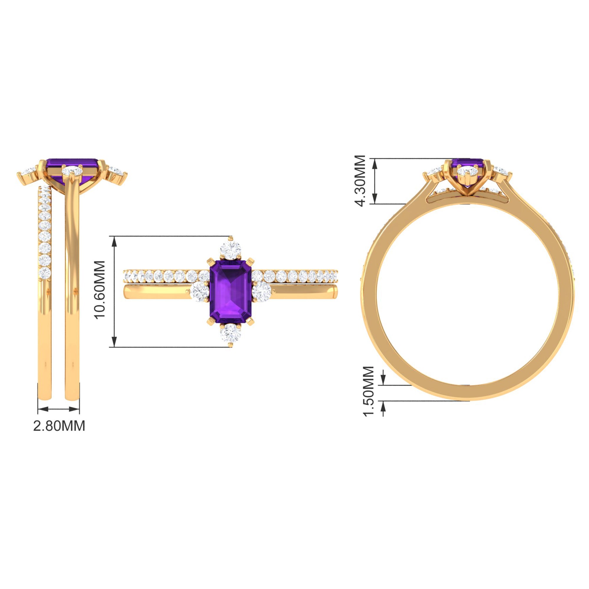 Rosec Jewels-Real 1.4 Carat Amethyst Emerald Cut Engagement Wedding Ring Set with Diamond