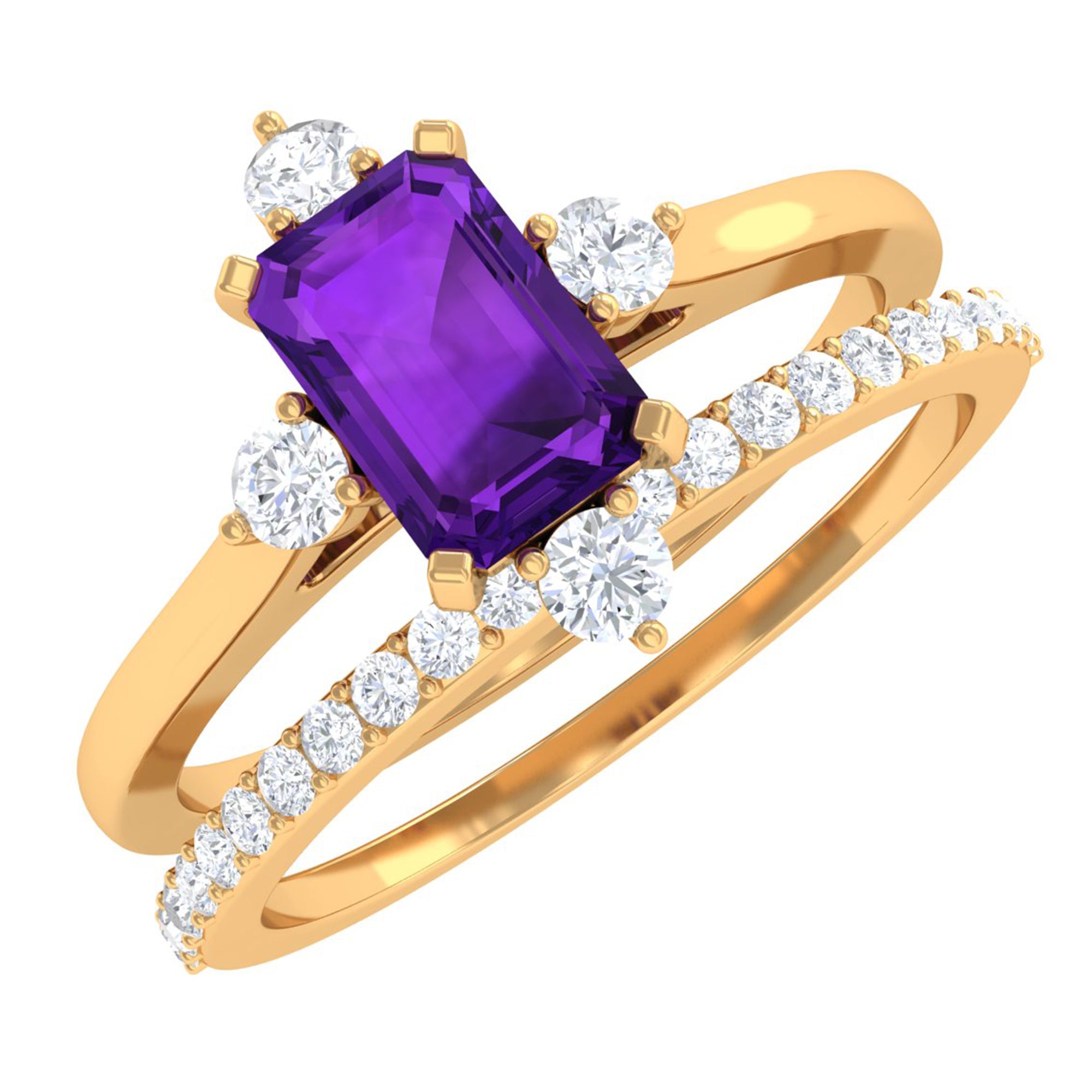Rosec Jewels-Real 1.4 Carat Amethyst Emerald Cut Engagement Wedding Ring Set with Diamond