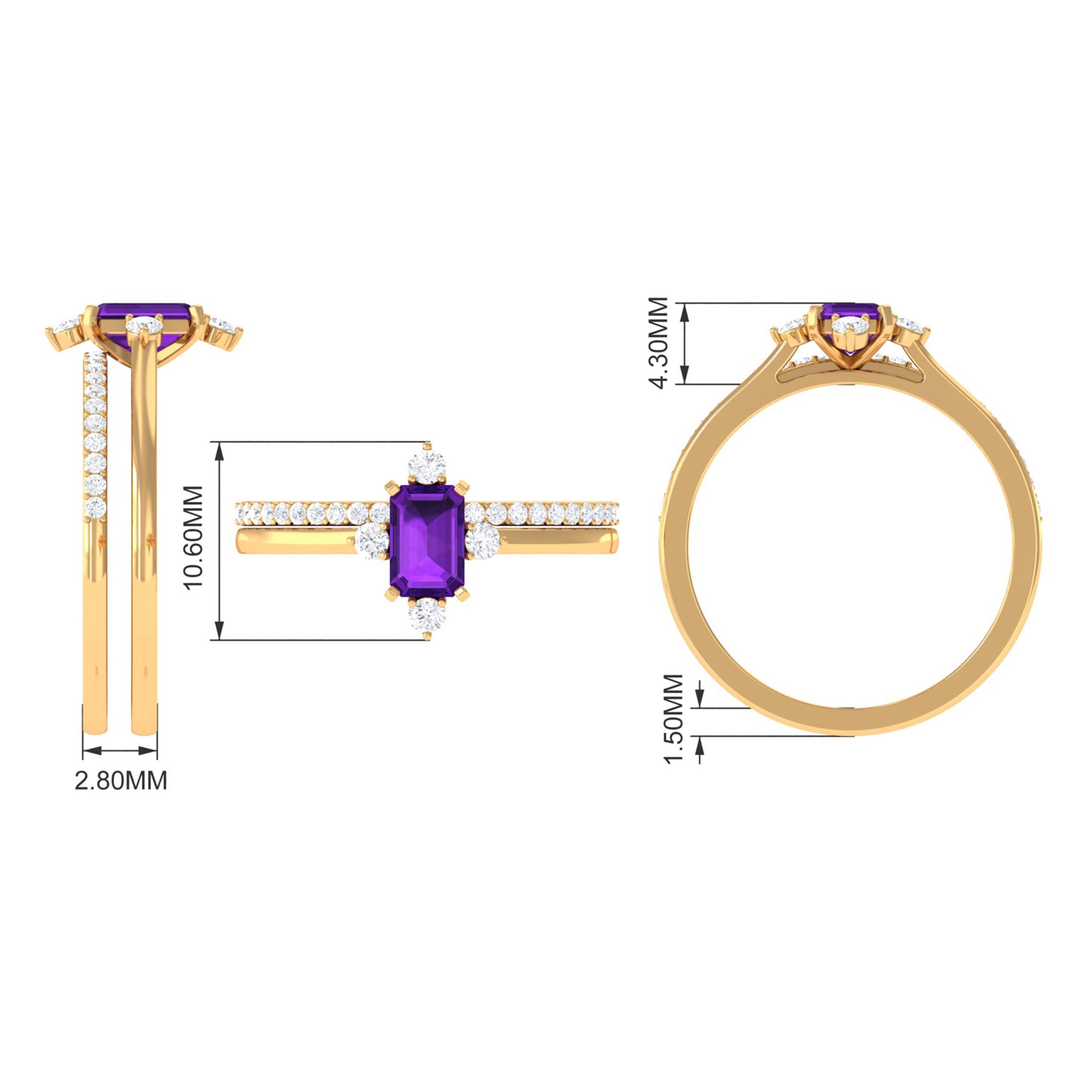 Rosec Jewels-Real 1.4 Carat Amethyst Emerald Cut Engagement Wedding Ring Set with Diamond