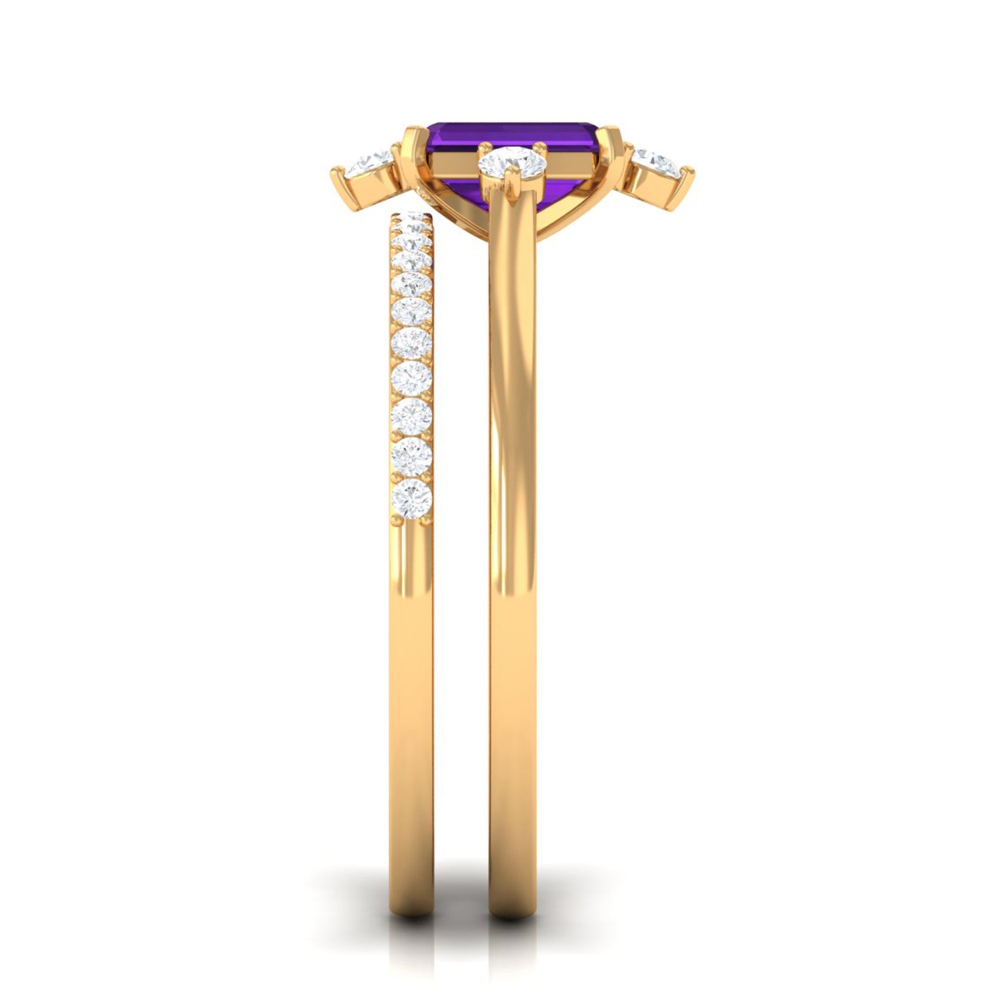 Rosec Jewels-Real 1.4 Carat Amethyst Emerald Cut Engagement Wedding Ring Set with Diamond