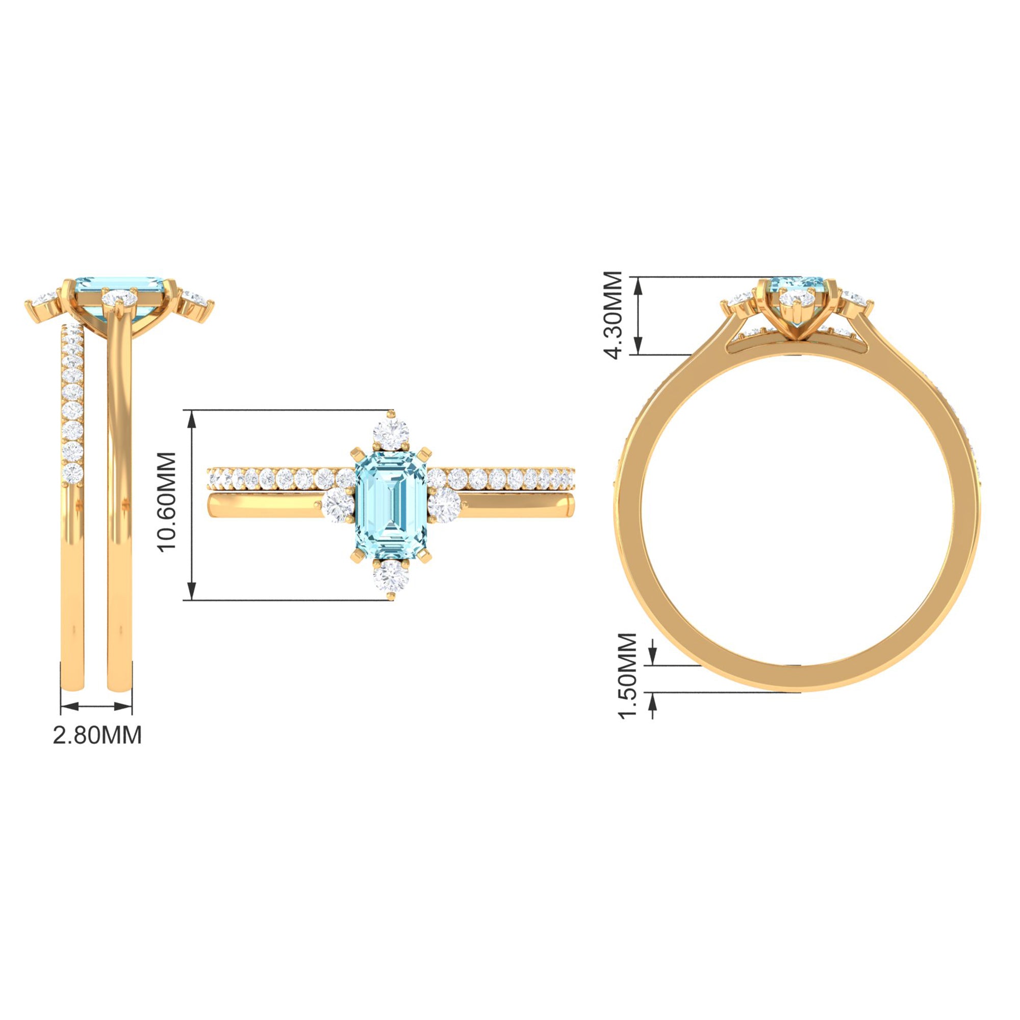 Rosec Jewels-Emerald Cut Genuine Aquamarine and Diamond Designer Engagement Ring Set