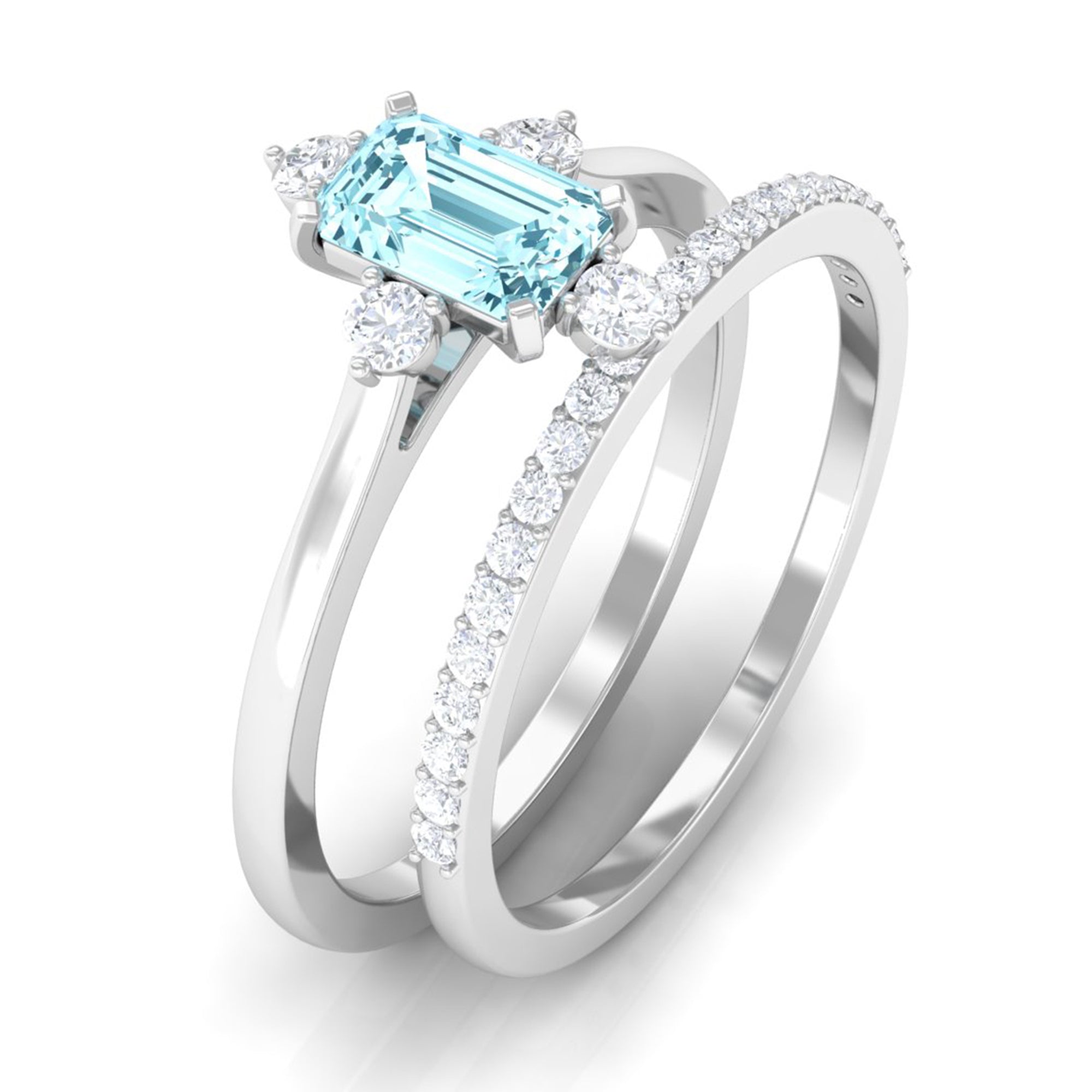 Rosec Jewels-Emerald Cut Genuine Aquamarine and Diamond Designer Engagement Ring Set