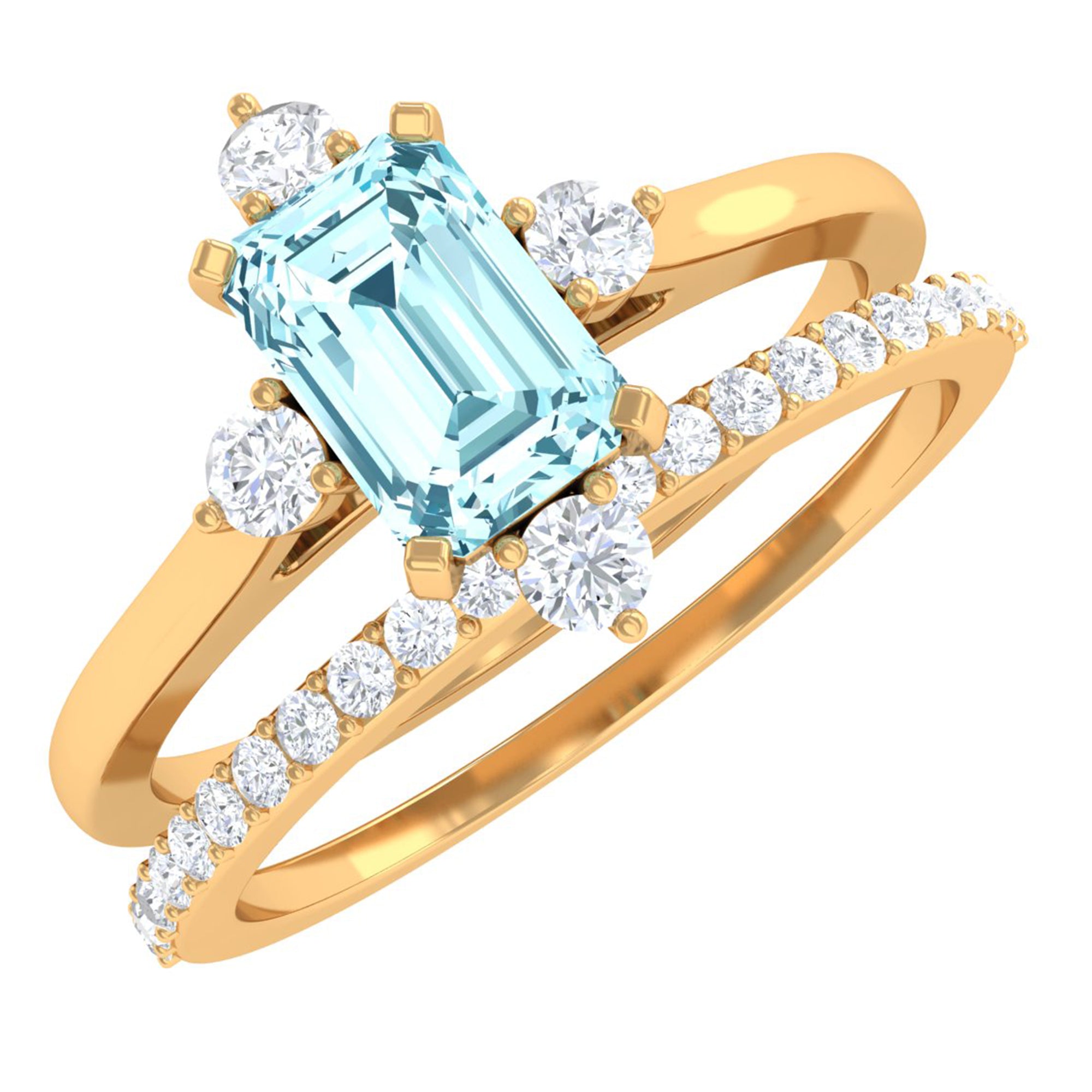 Rosec Jewels-Emerald Cut Genuine Aquamarine and Diamond Designer Engagement Ring Set